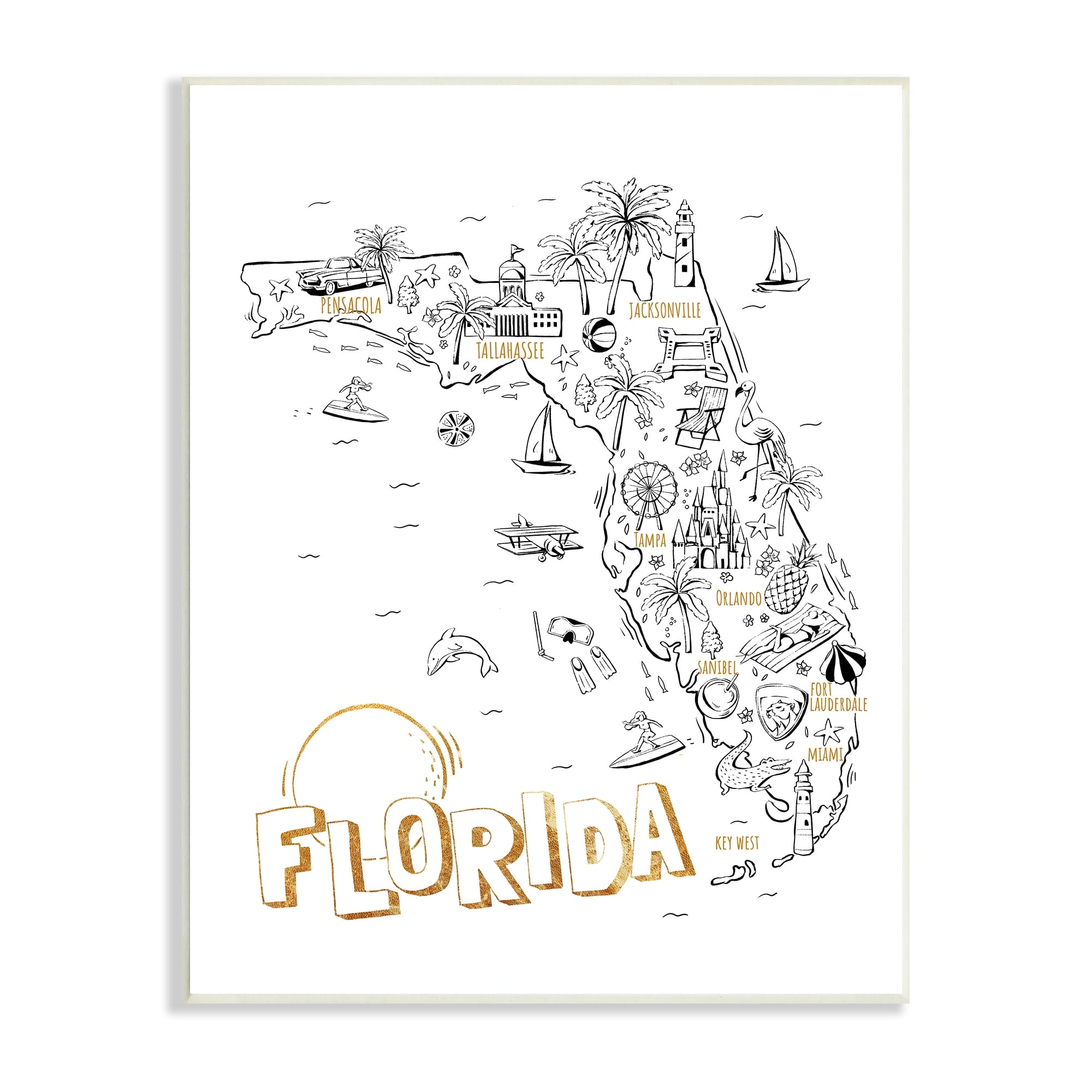 Stupell Industries Florida State Drawing Destinations Map Diagram , 10 x 15, Design by Ziwei Li