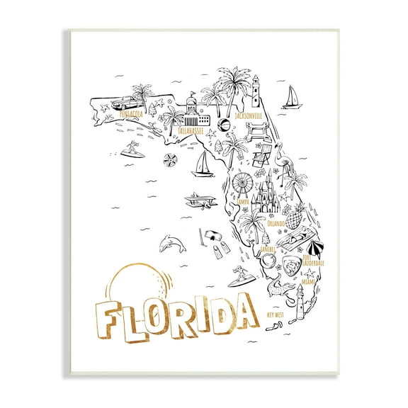 Stupell Industries Florida State Drawing Destinations Map Diagram , 10 x 15, Design by Ziwei Li