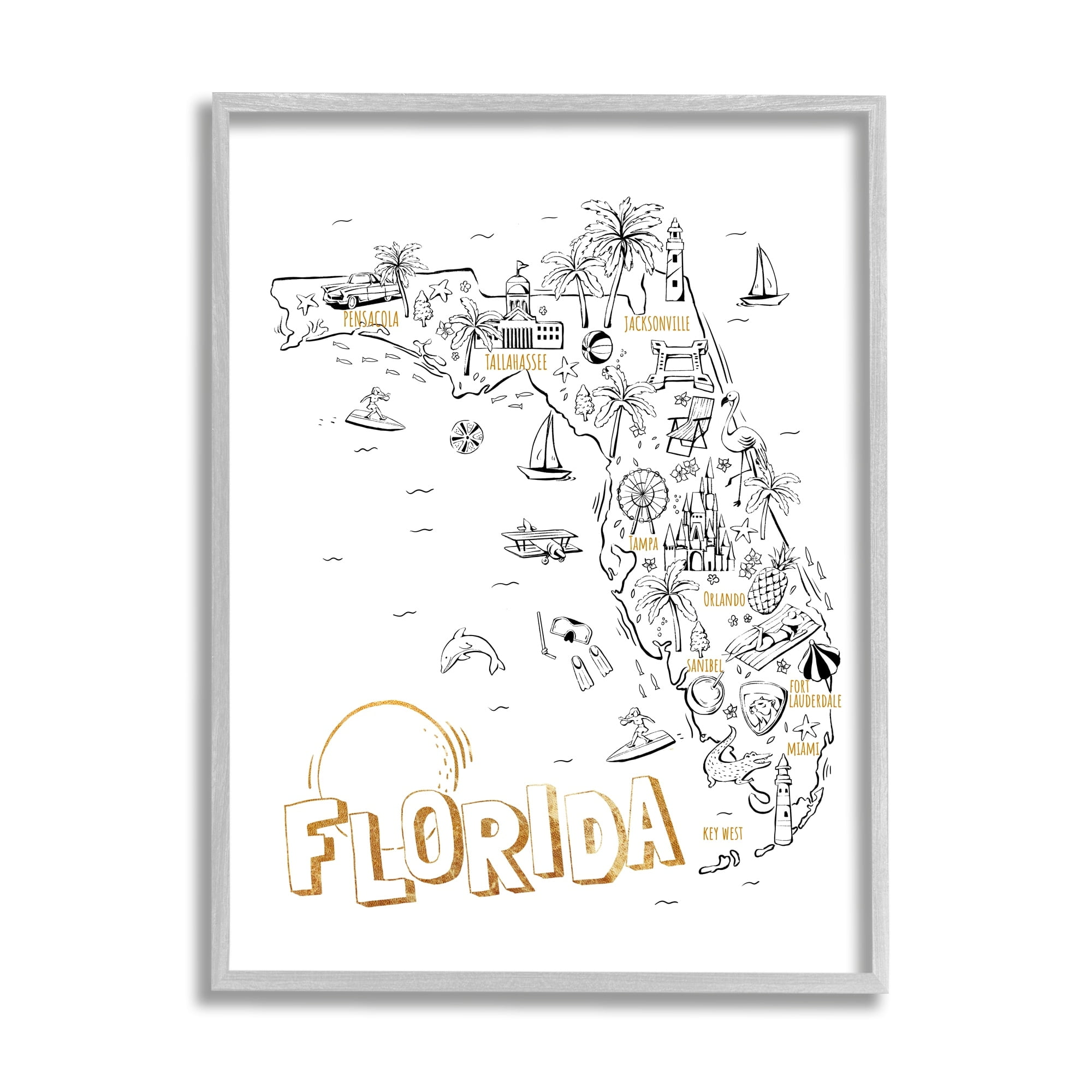Stupell Industries Florida State Drawing Destinations Map Diagram , 16 x 20, Design by Ziwei Li