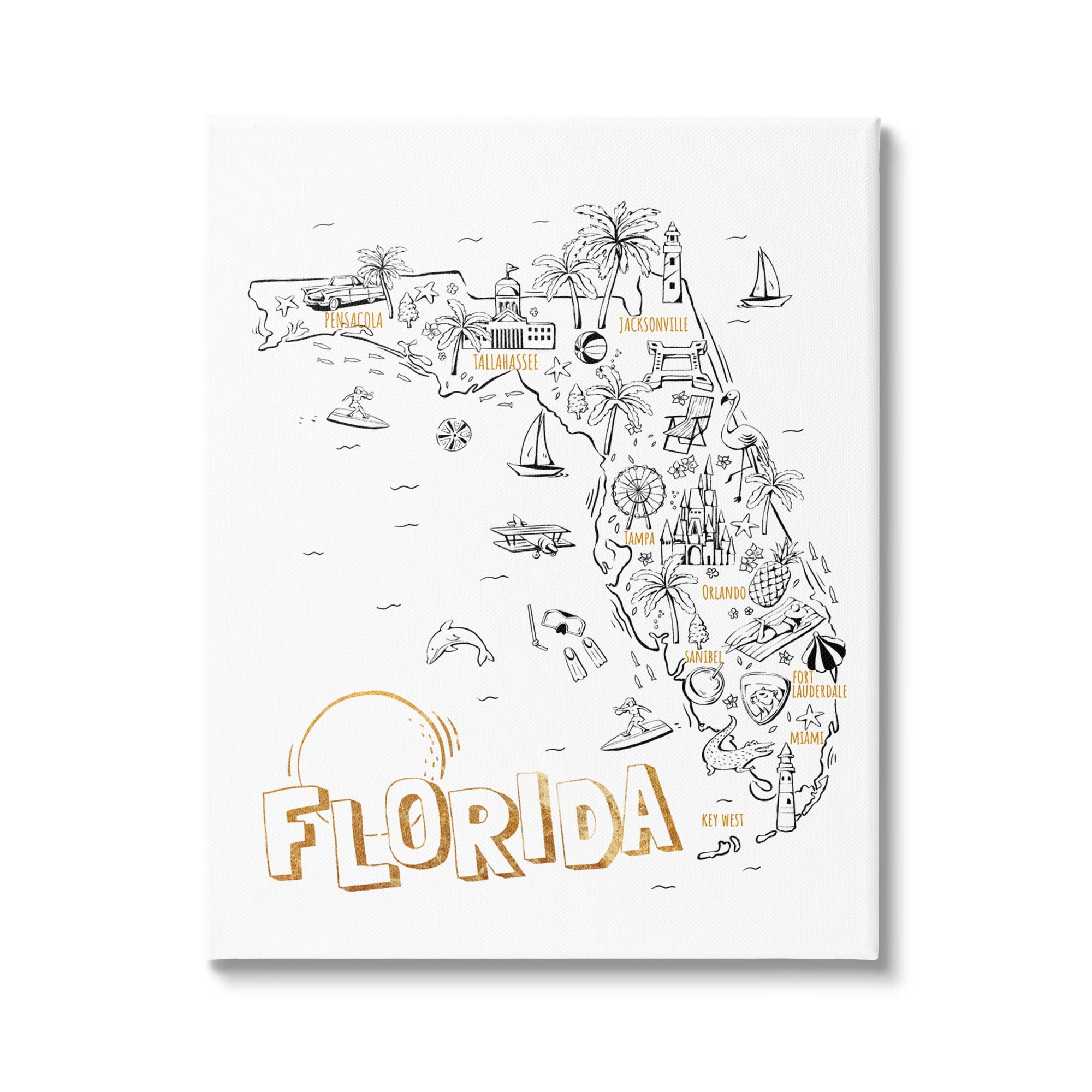 Stupell Industries Florida State Drawing Destinations Map Diagram , 36 x 48, Design by Ziwei Li