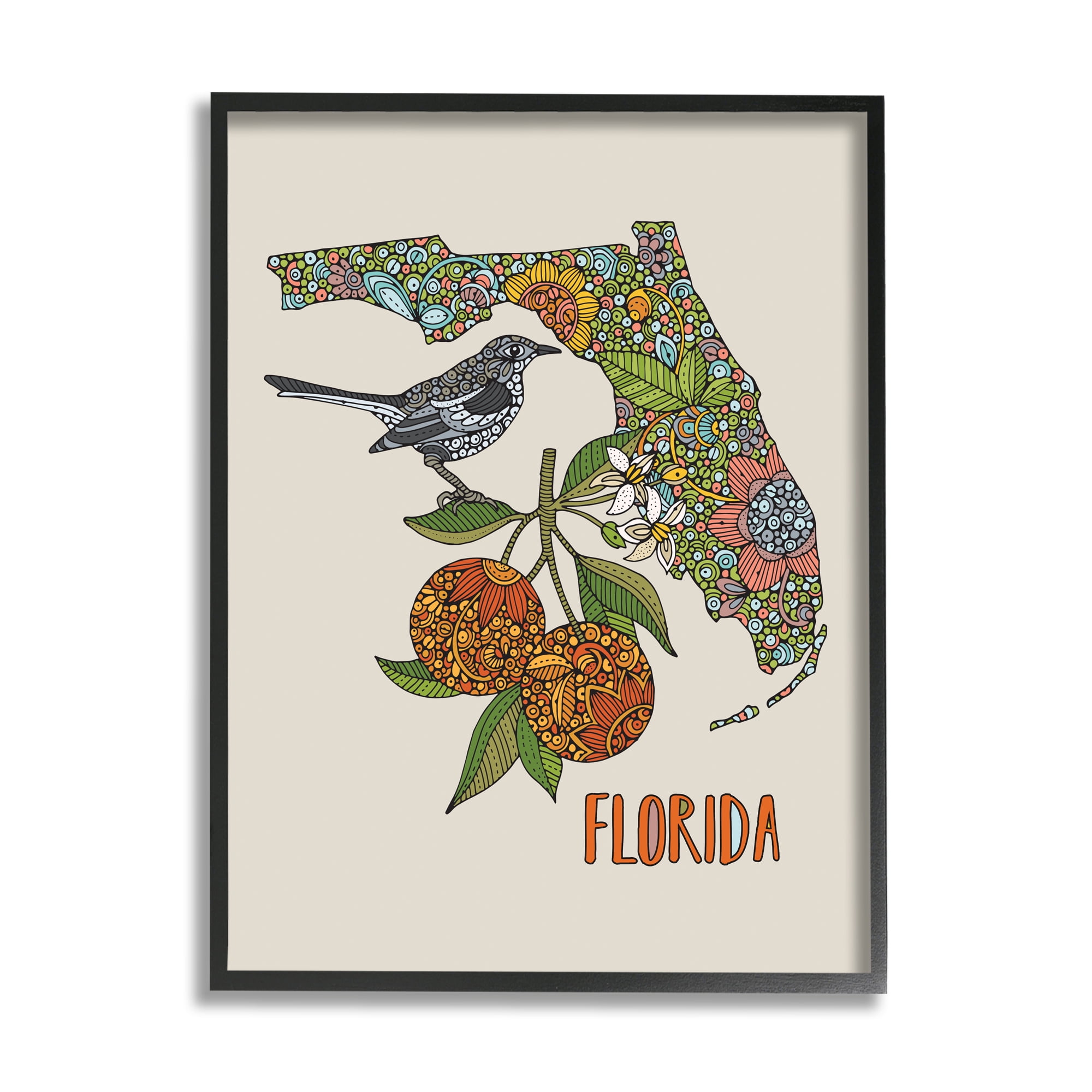 Stupell Industries Florida State Mockingbird Detailed Orange Blossom Pattern Graphic Art Black Framed Art Print Wall Art, Design by Valentina Harper