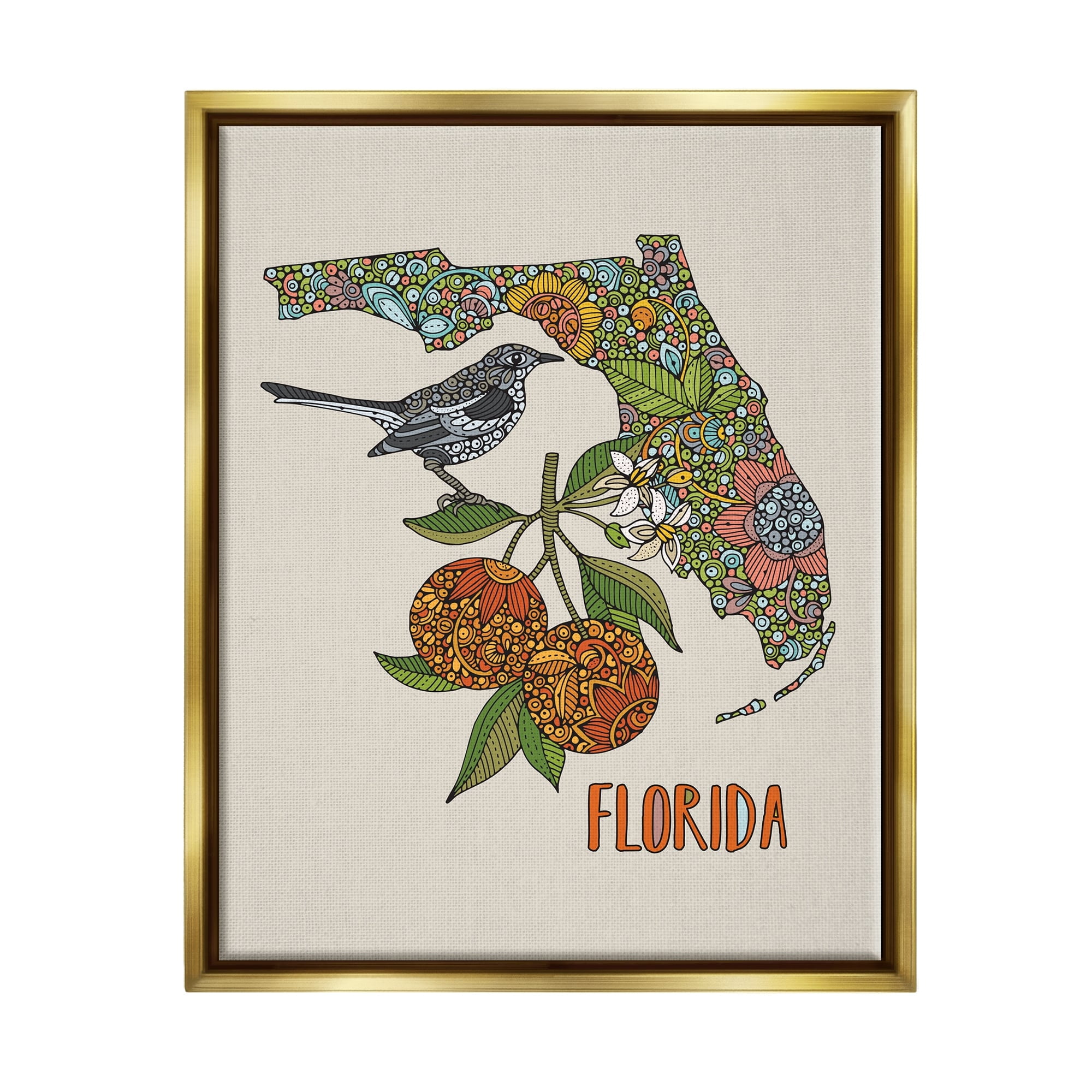 Stupell Industries Florida State Mockingbird Detailed Orange Blossom Pattern Graphic Art Metallic Gold Floating Framed Canvas Print Wall Art, Design by Valentina Harper