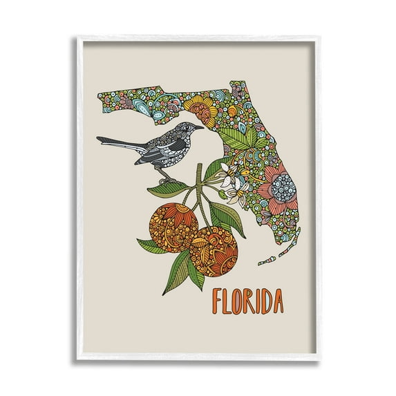 Stupell Industries Florida State Mockingbird Detailed Orange Blossom Pattern Graphic Art White Framed Art Print Wall Art, Design by Valentina Harper