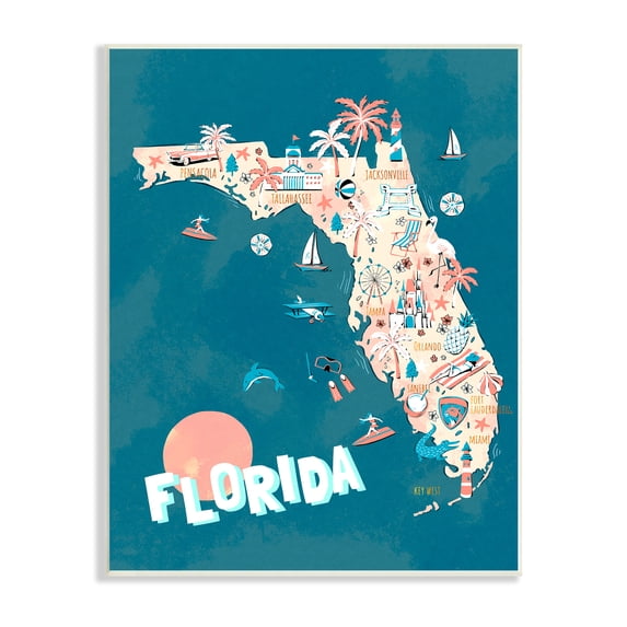 Stupell Industries Florida Sunny State Retro Vacation Tourism Vivid Map,10 x 15, Design by Ziwei Li