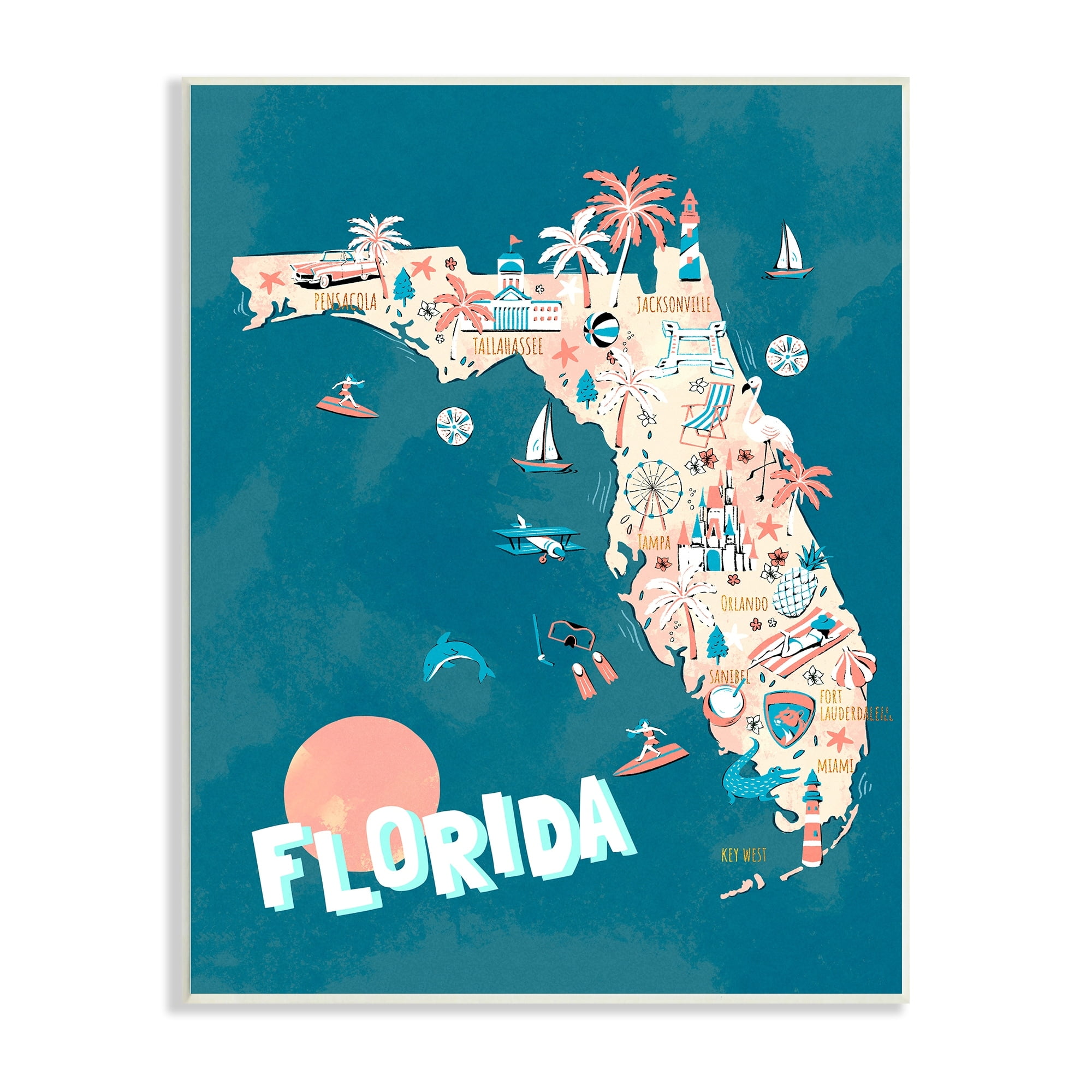 Stupell Industries Florida Sunny State Retro Vacation Tourism Vivid Map,13 x 19, Design by Ziwei Li