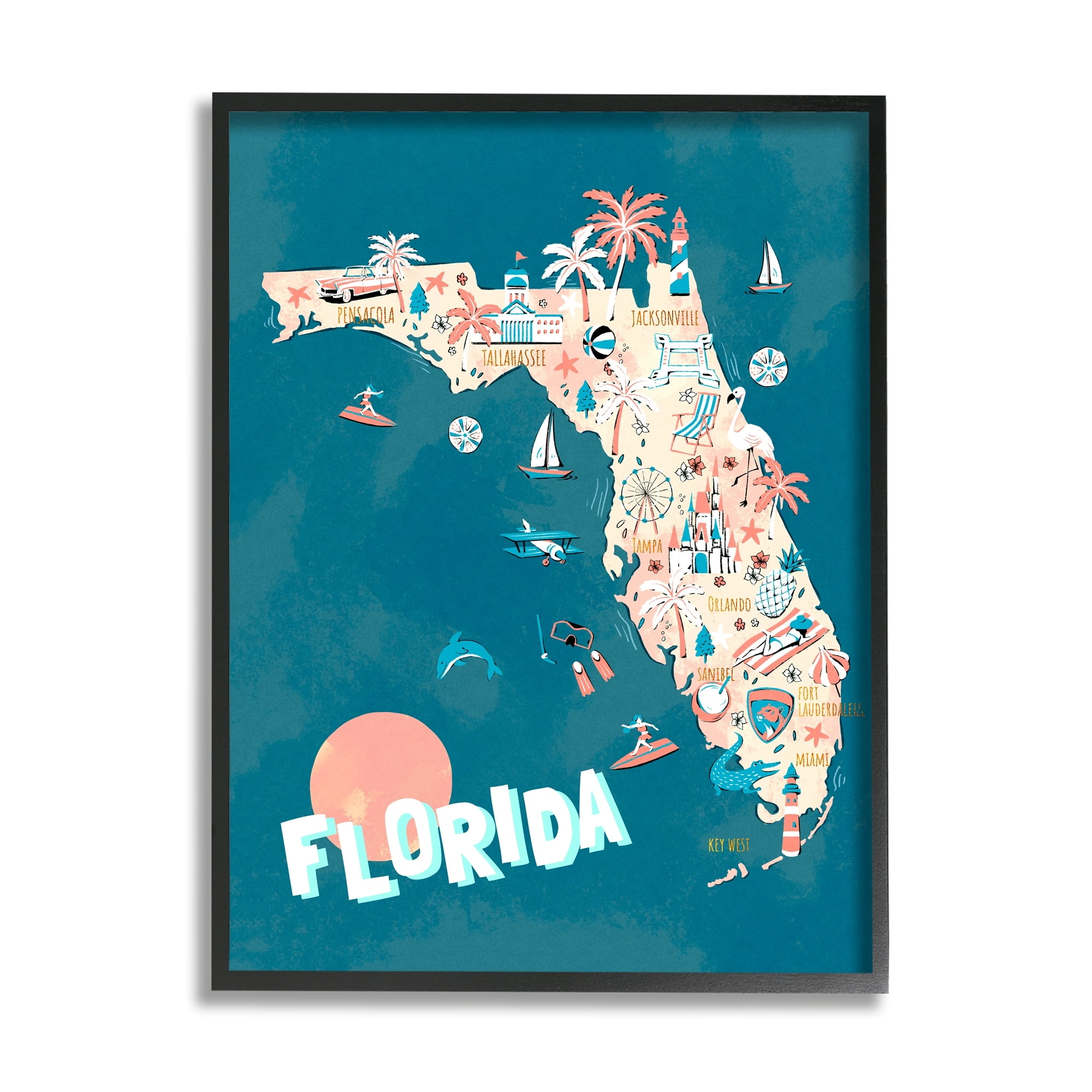 Stupell Industries Florida Sunny State Retro Vacation Tourism Vivid Map,24 x 30, Design by Ziwei Li