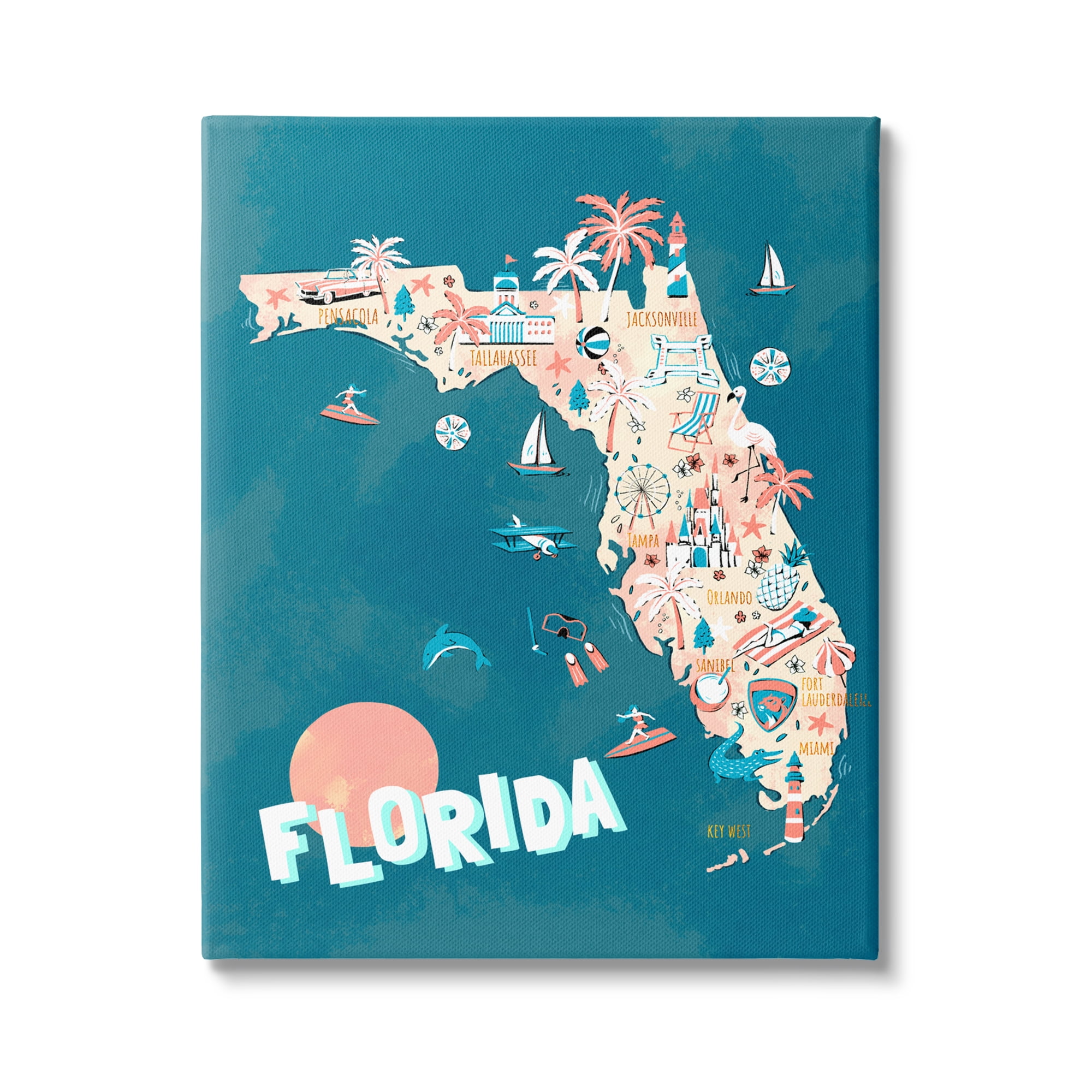 Stupell Industries Florida Sunny State Retro Vacation Tourism Vivid Map,30 x 40, Design by Ziwei Li