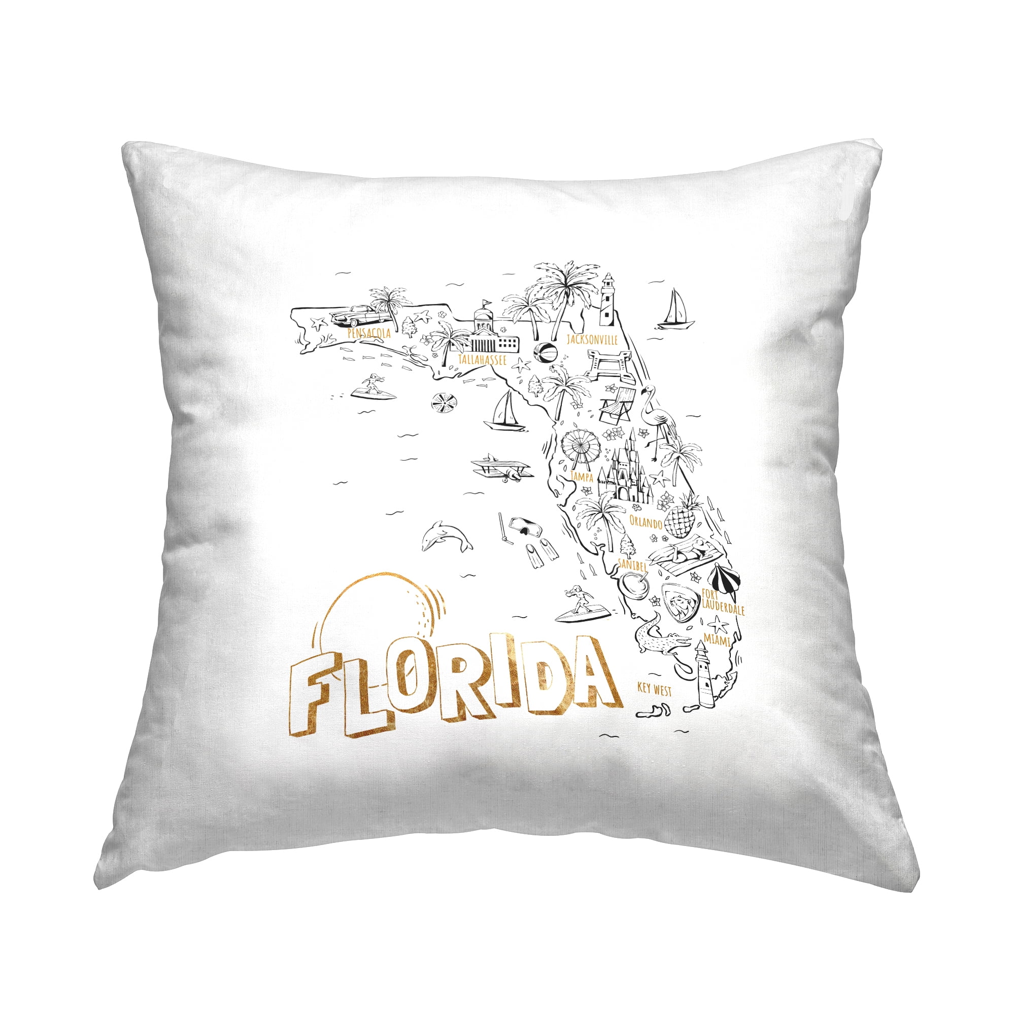 Stupell Industries Florida USA Map Landmarks Chart Square Decorative Printed Throw Pillow, 18 x 18,