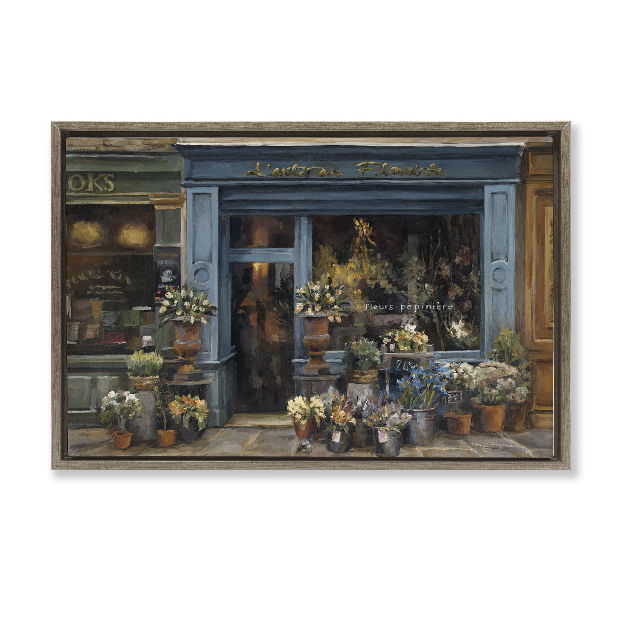 Stupell Industries Florist Shopfront in Town Buildings & Architecture Painting Brown Floater Framed Canvas Art Print Wall Art, 31 x 21