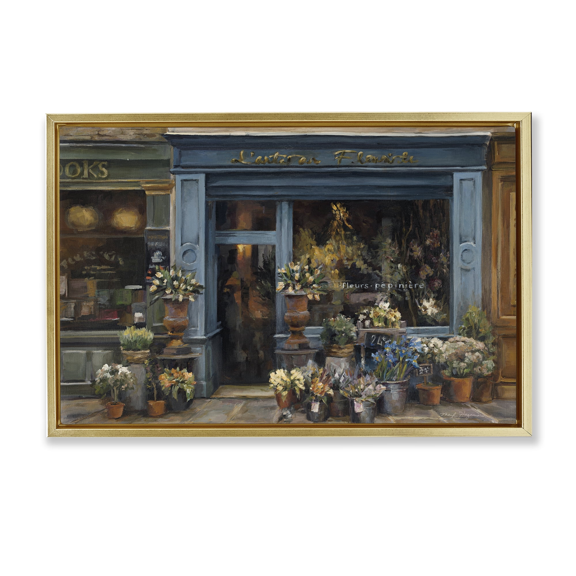Stupell Industries Florist Shopfront in Town Buildings & Architecture Painting Gold Floater Framed Canvas Art Print Wall Art, 31 x 21
