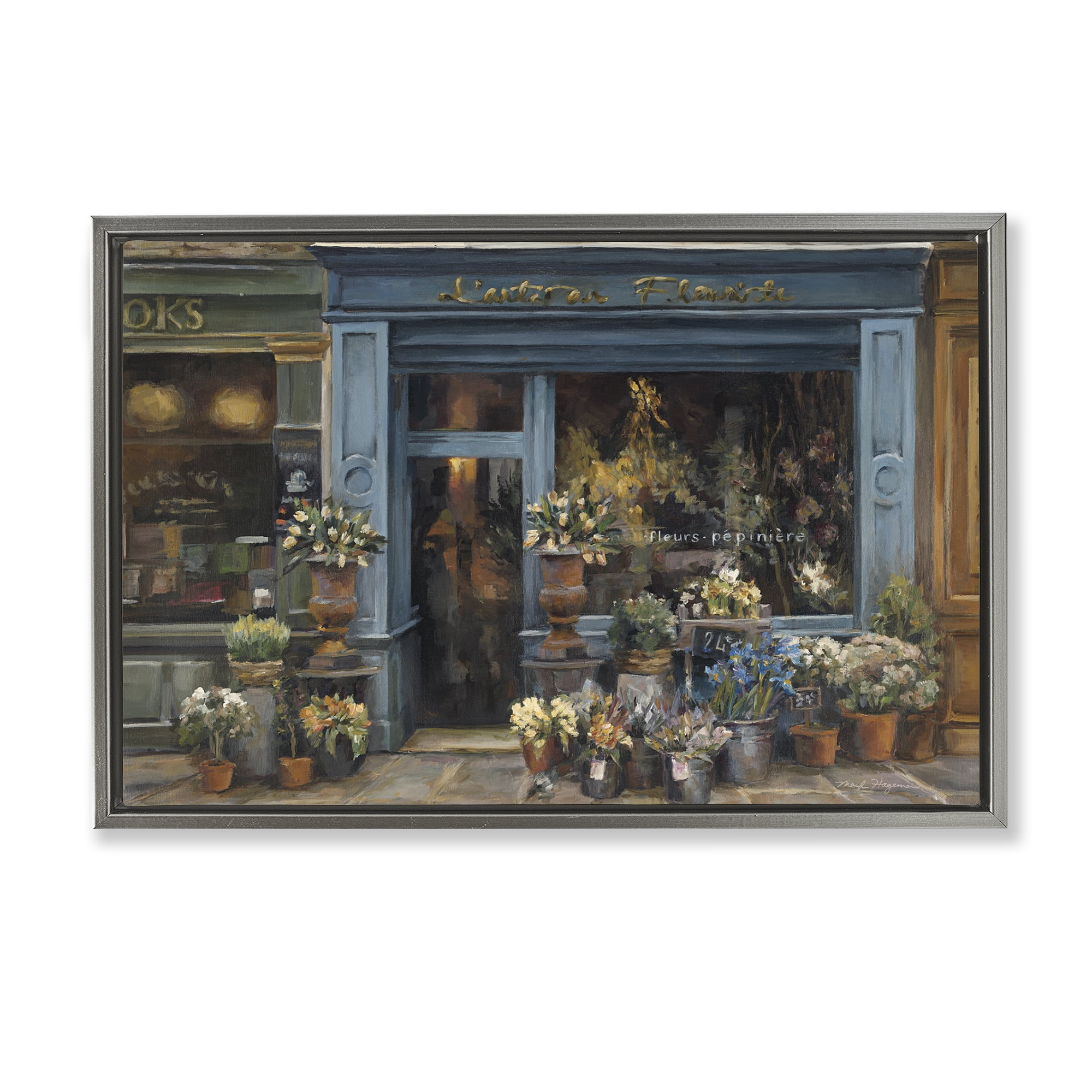 Stupell Industries Florist Shopfront in Town Buildings & Architecture Painting Gray Floater Framed Canvas Art Print Wall Art, 31 x 21