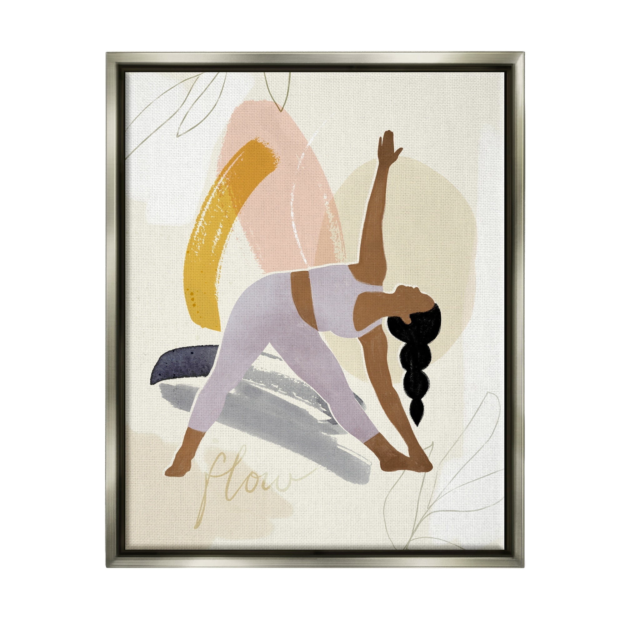 Stupell Industries Flow Yoga Text Plant Pattern Person Stretching Luster Gray Framed Floating Canvas Wall Art, 24x30, by Victoria Barnes