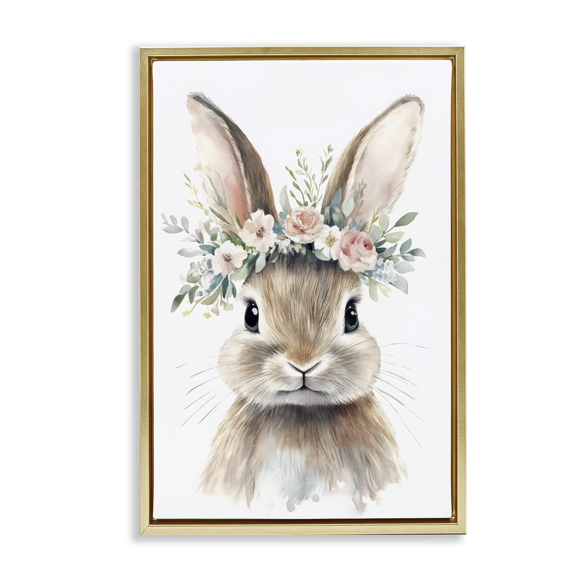 Stupell Industries Flower Adorned Baby Rabbit Gold Framed Floater Canvas Wall Art, design by Creative Studio