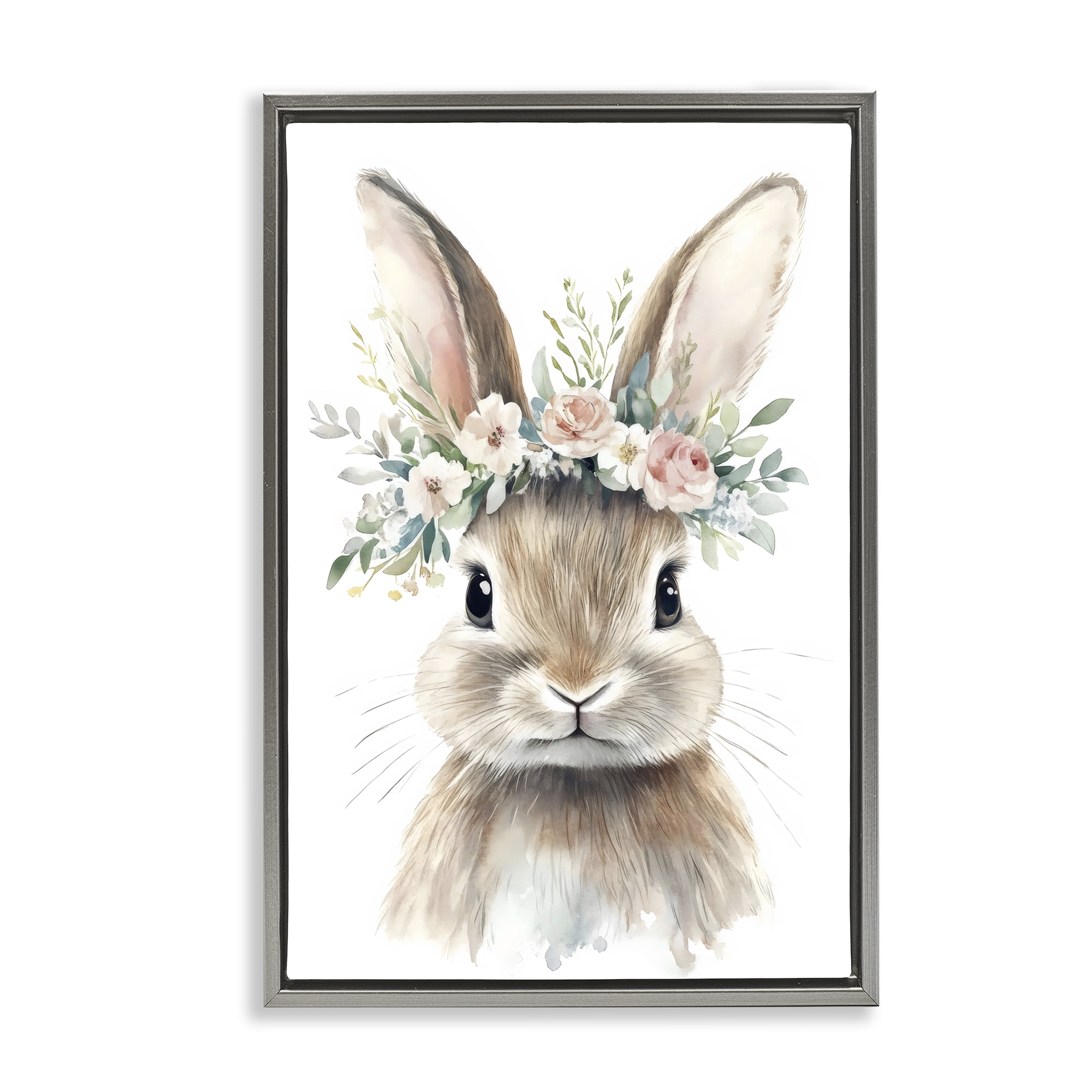 Stupell Industries Flower Adorned Baby Rabbit Gray Framed Floater Canvas Wall Art, design by Creative Studio
