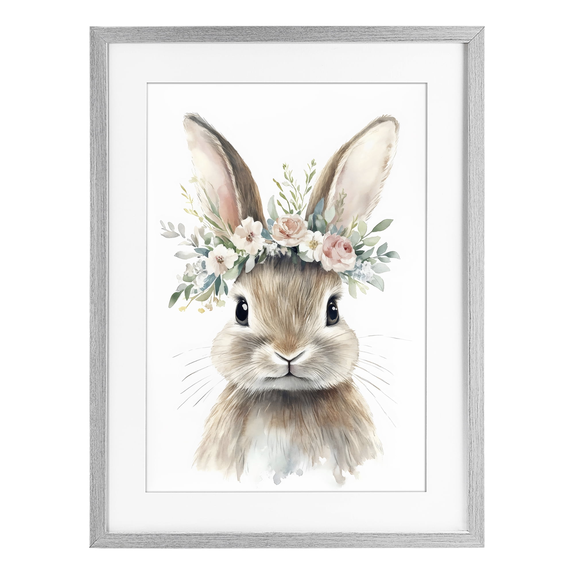 Stupell Industries Flower Adorned Baby Rabbit Gray Framed Print Under Glass, design by Creative Studio