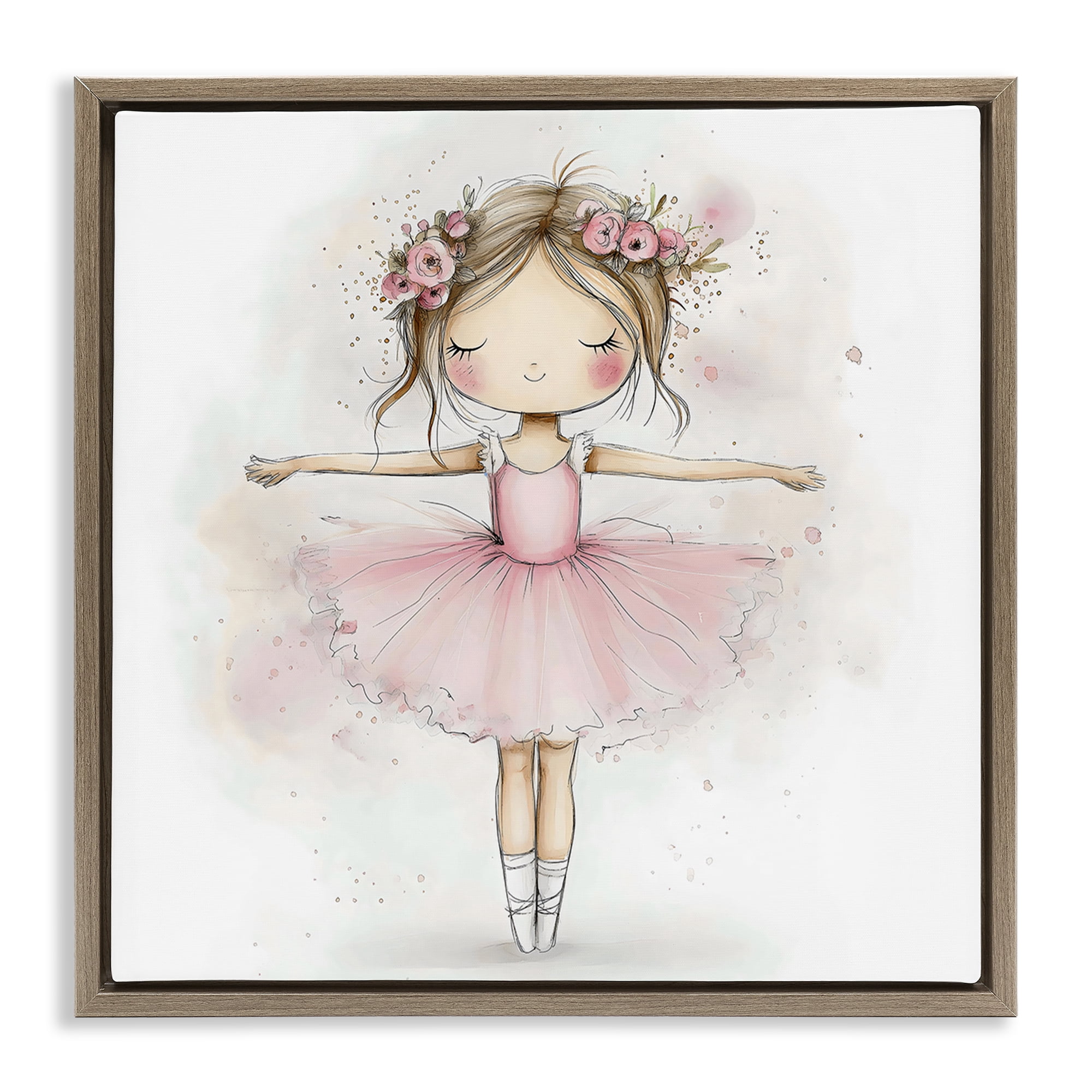 Stupell Industries Flower Ballerina in Pink Tutu Brown Framed Floater Canvas Wall Art, design by Creative Studio
