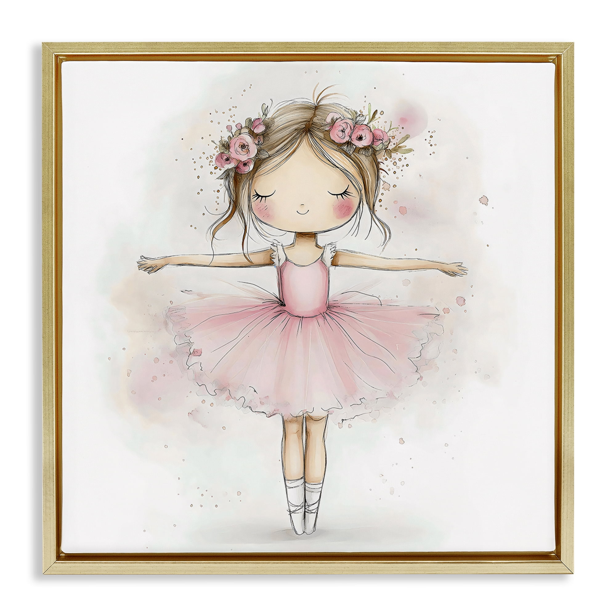 Stupell Industries Flower Ballerina in Pink Tutu Gold Framed Floater Canvas Wall Art, design by Creative Studio