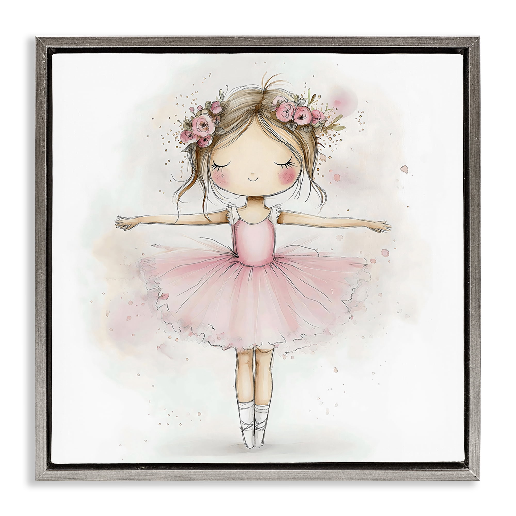 Stupell Industries Flower Ballerina in Pink Tutu Gray Framed Floater Canvas Wall Art, design by Creative Studio