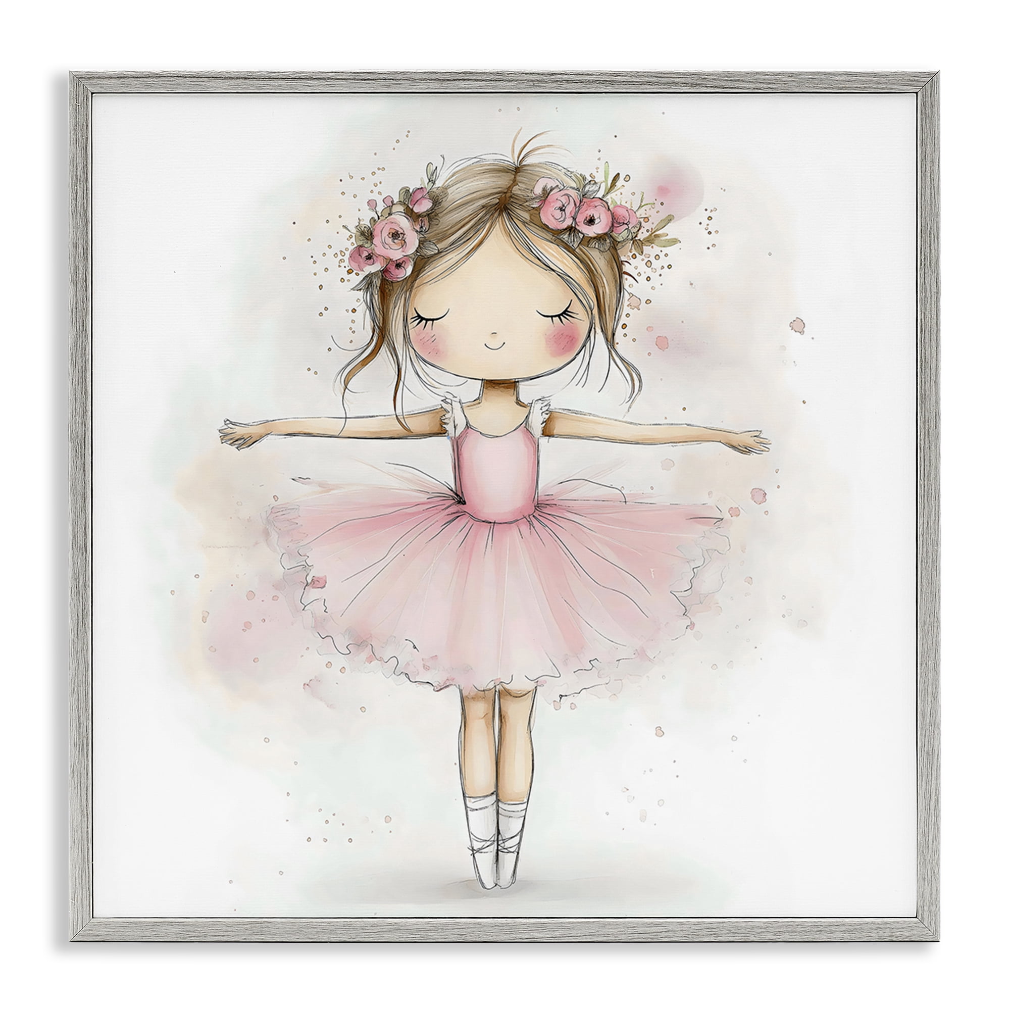 Stupell Industries Flower Ballerina in Pink Tutu Gray Framed Giclee Art, design by Creative Studio