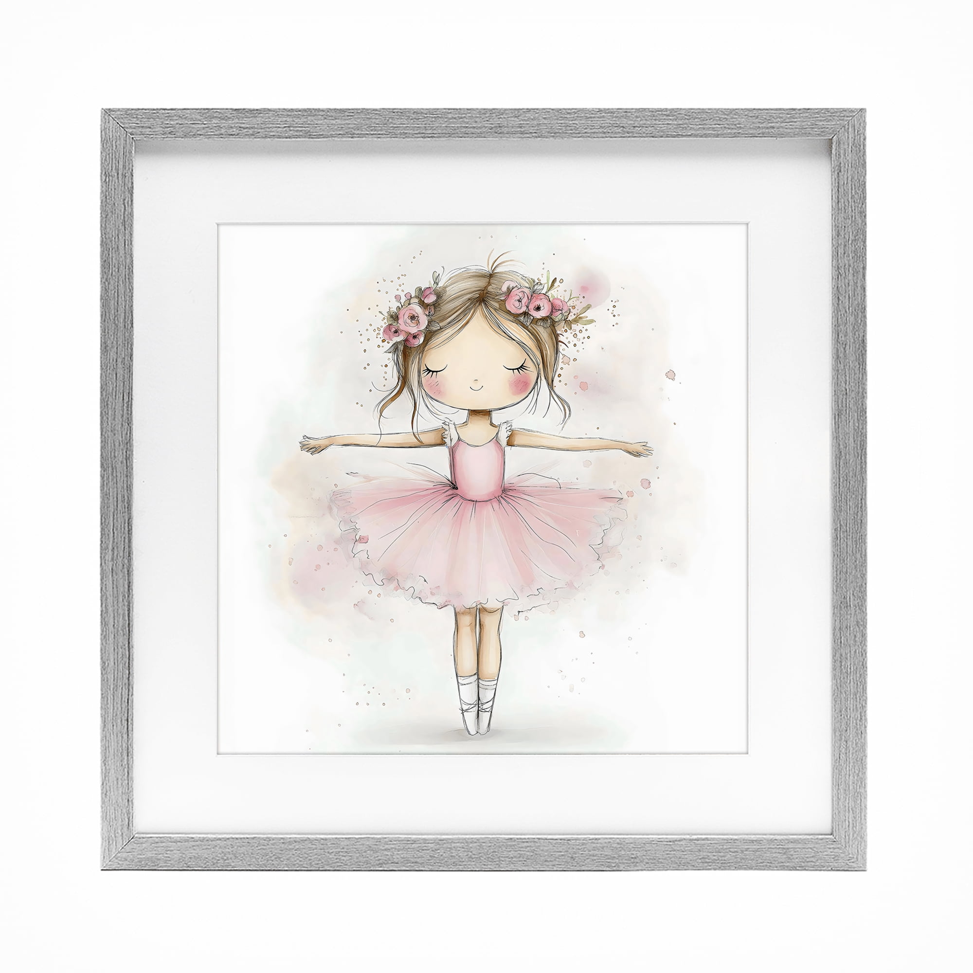 Stupell Industries Flower Ballerina in Pink Tutu Gray Framed Print Under Glass, design by Creative Studio