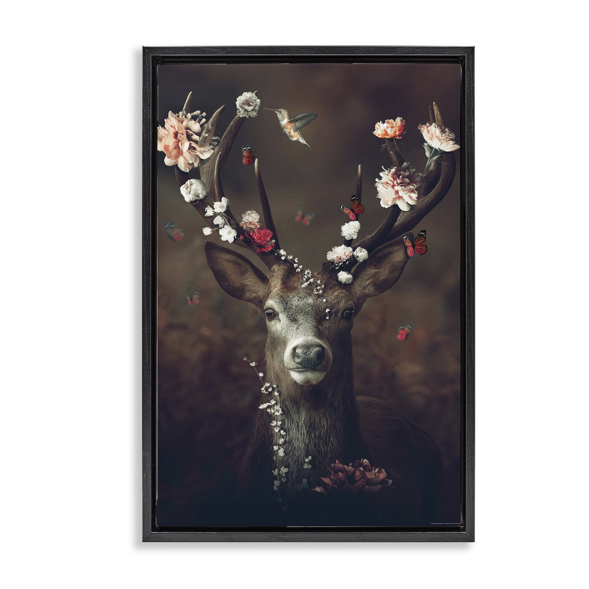 Stupell Industries Flower Bedecked Antlers Animals Painting Black Floater Framed Canvas Art Print Wall Art, 21 x 31