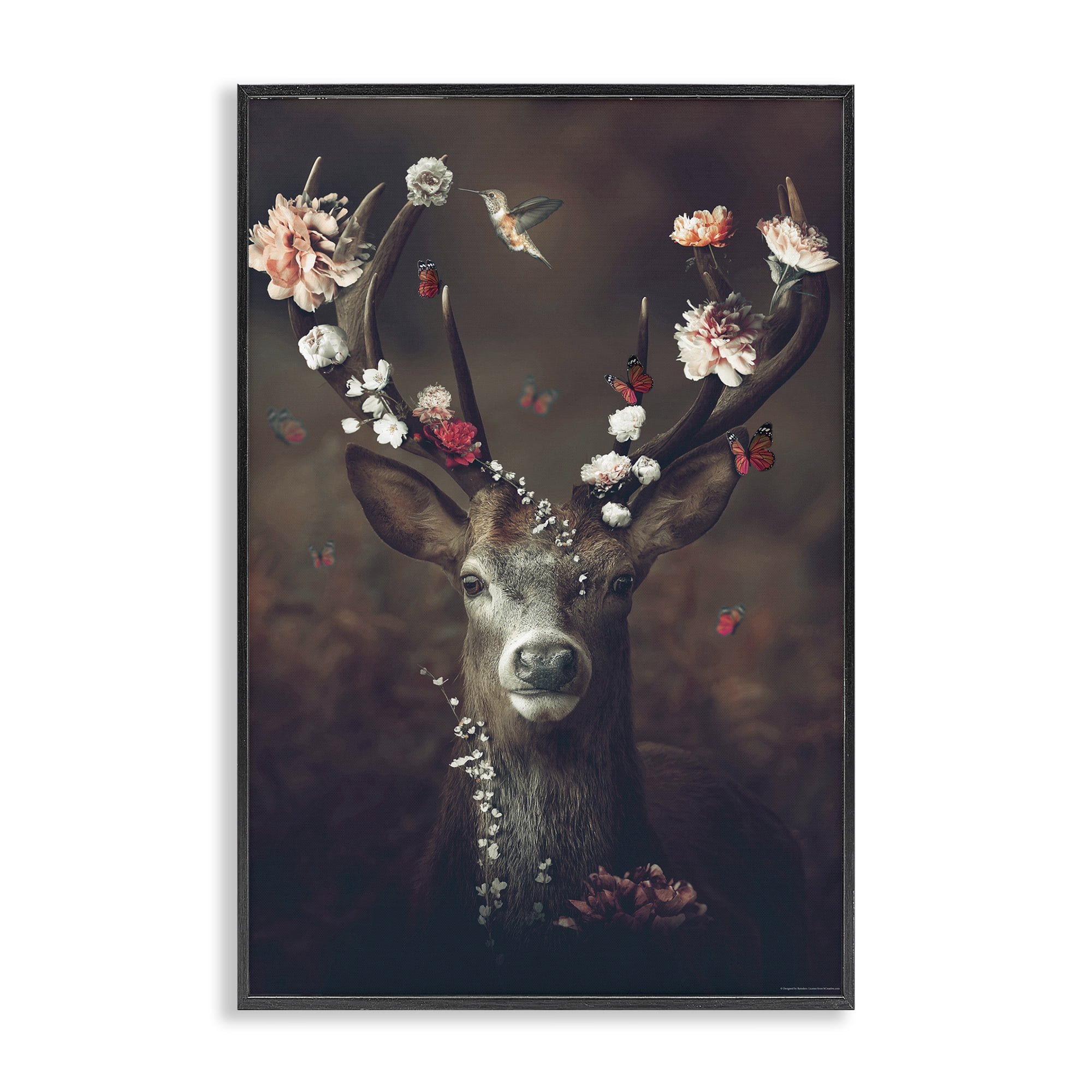 Stupell Industries Flower Bedecked Antlers Animals Painting Black Framed Art Print Wall Art, 12 x 18