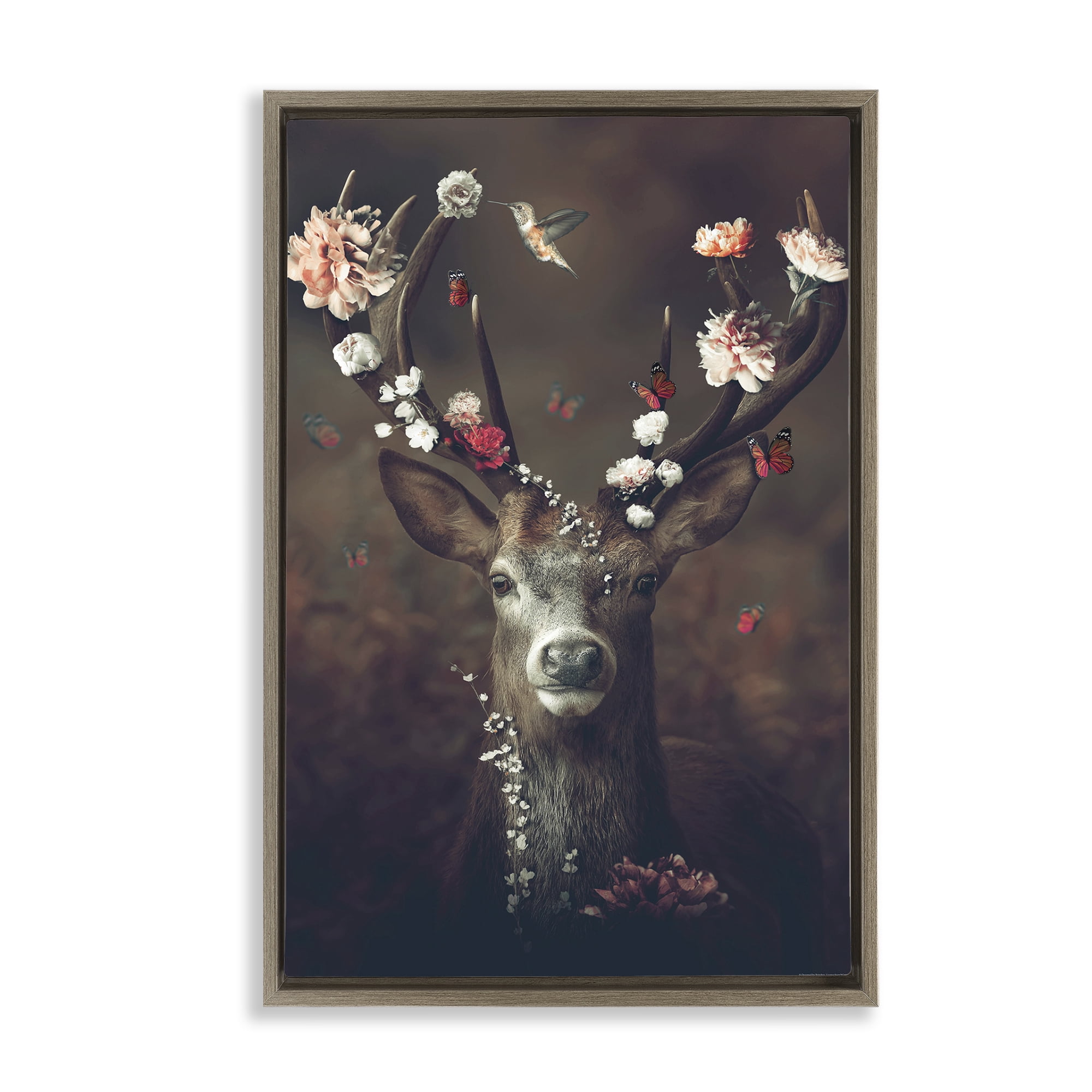 Stupell Industries Flower Bedecked Antlers Animals Painting Brown Floater Framed Canvas Art Print Wall Art, 17 x 25