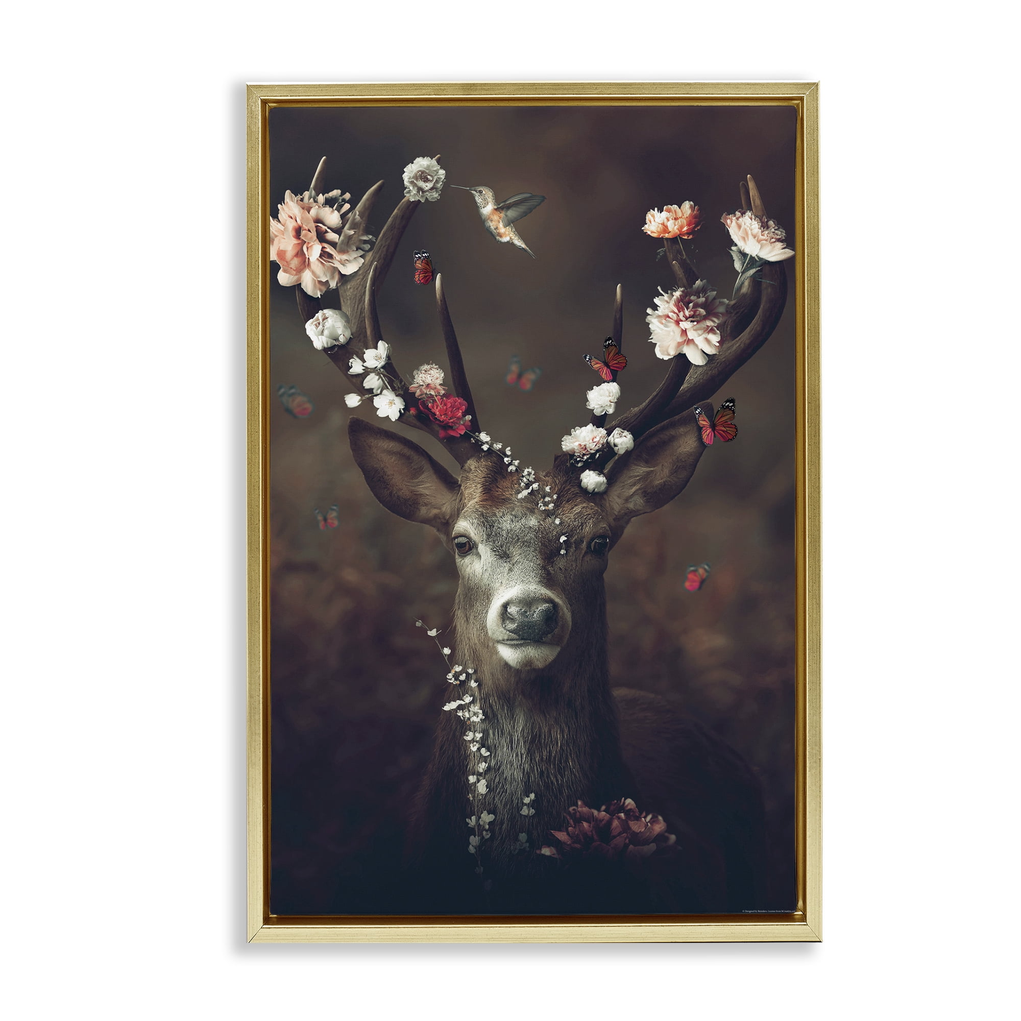 Stupell Industries Flower Bedecked Antlers Animals Painting Gold Floater Framed Canvas Art Print Wall Art, 17 x 25