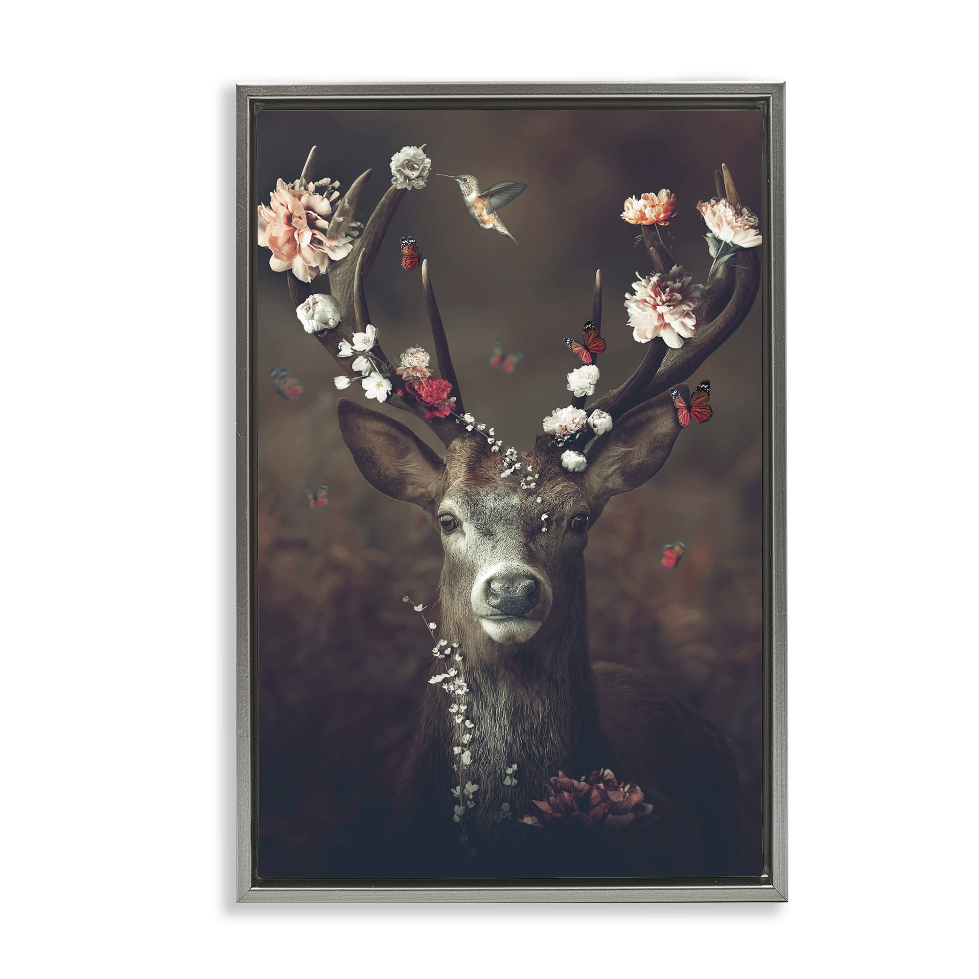 Stupell Industries Flower Bedecked Antlers Animals Painting Gray Floater Framed Canvas Art Print Wall Art, 21 x 31