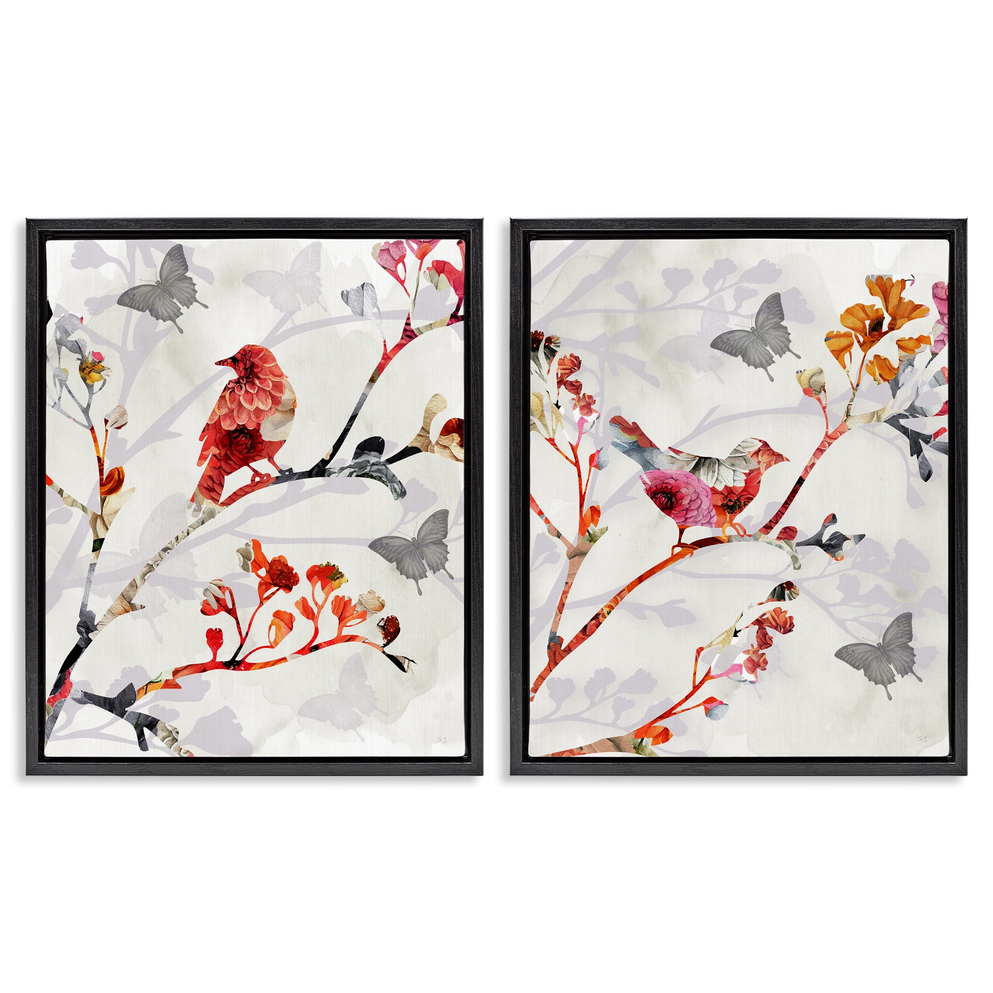 Stupell Industries Flower Birds on Branch Animals Painting Black Floater Framed Canvas Art Print Wall Art, 31 x 25, Set of 2
