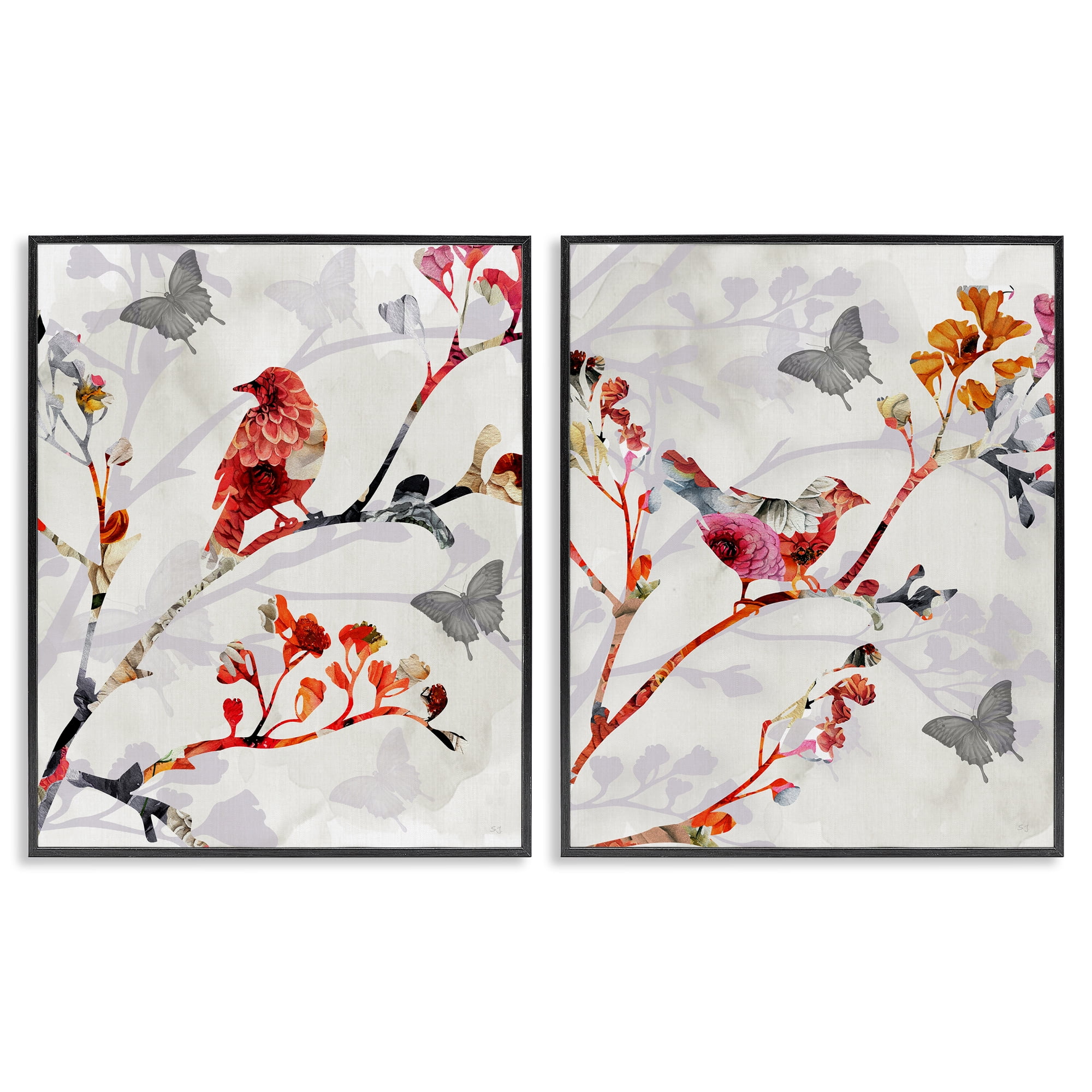 Stupell Industries Flower Birds on Branch Animals Painting Black Framed Art Print Wall Art, 16 x 20, Set of 2