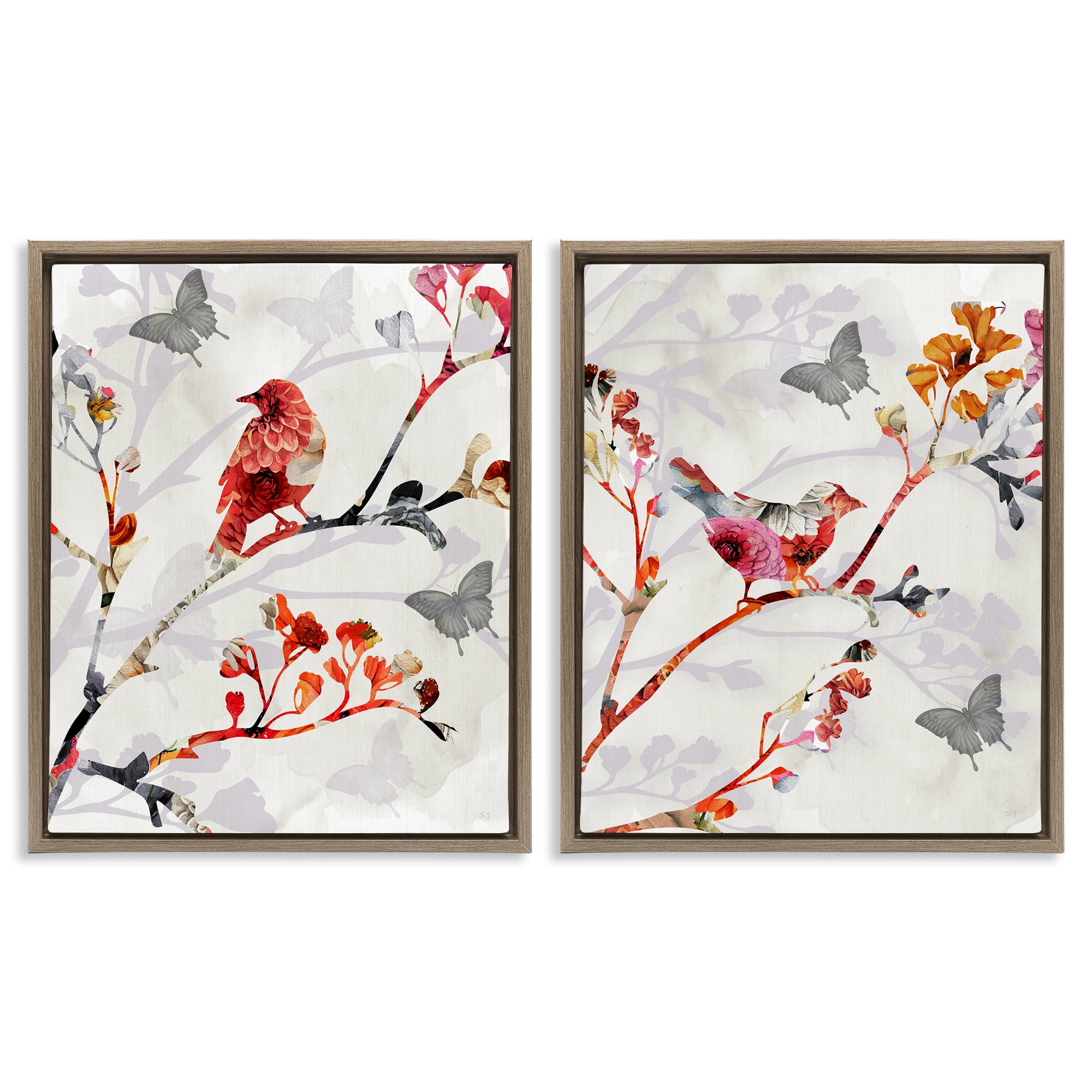 Stupell Industries Flower Birds on Branch Animals Painting Brown Floater Framed Canvas Art Print Wall Art, 31 x 25, Set of 2