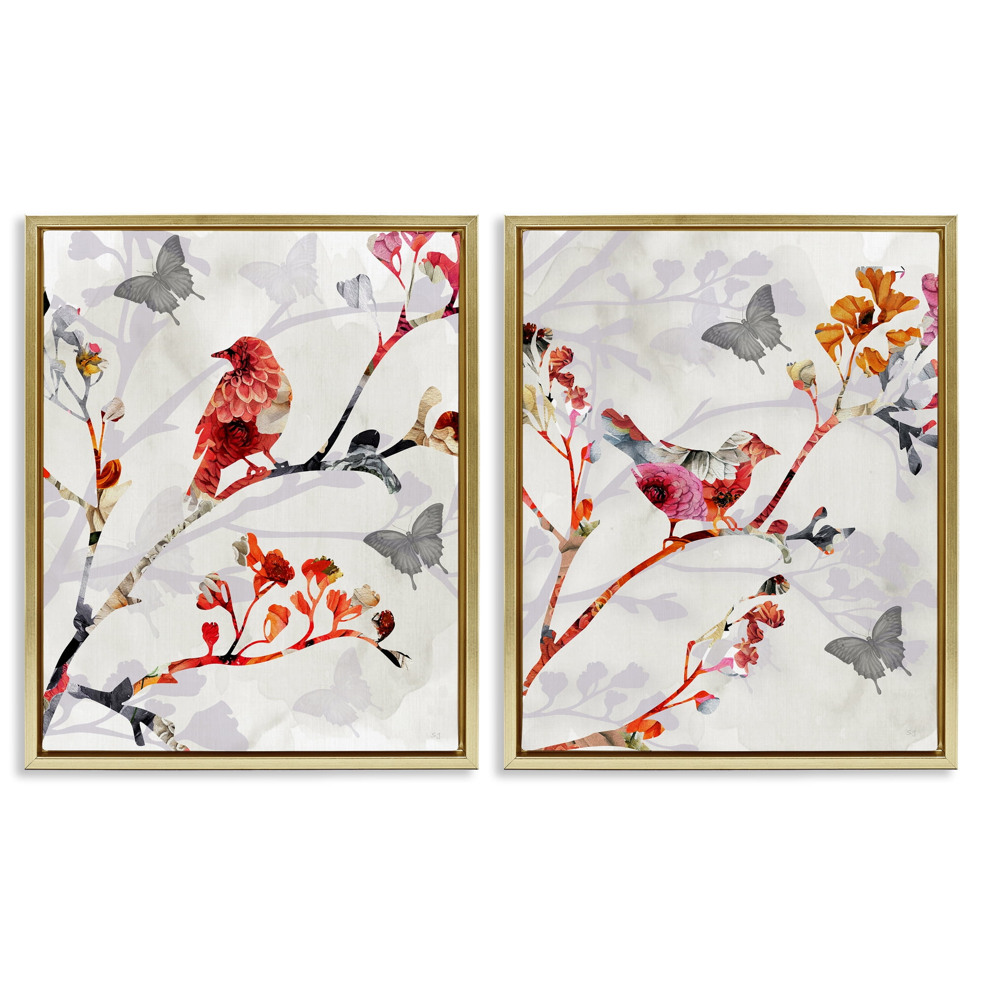 Stupell Industries Flower Birds on Branch Animals Painting Gold Floater Framed Canvas Art Print Wall Art, 17 x 21, Set of 2