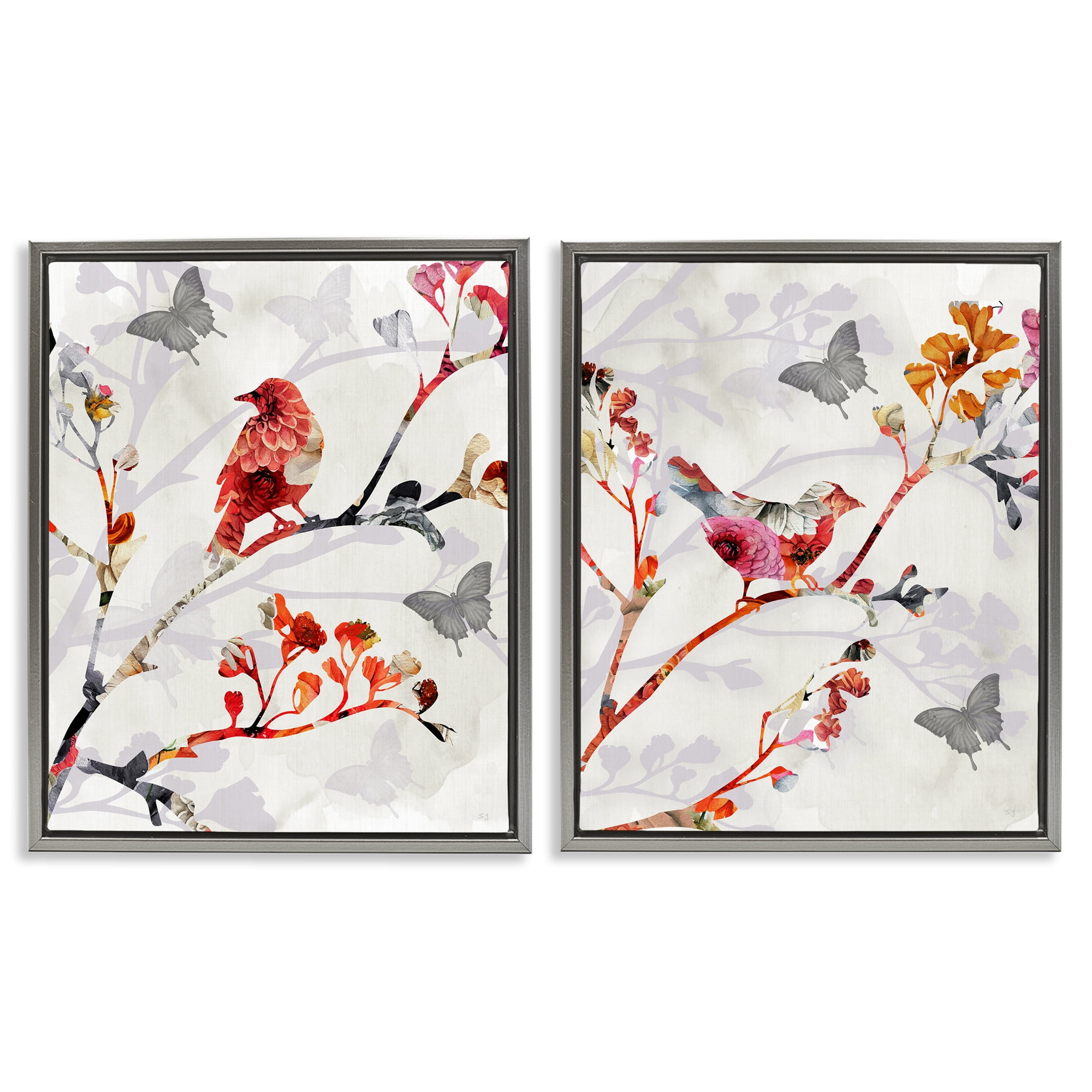 Stupell Industries Flower Birds on Branch Animals Painting Gray Floater Framed Canvas Art Print Wall Art, 31 x 25, Set of 2