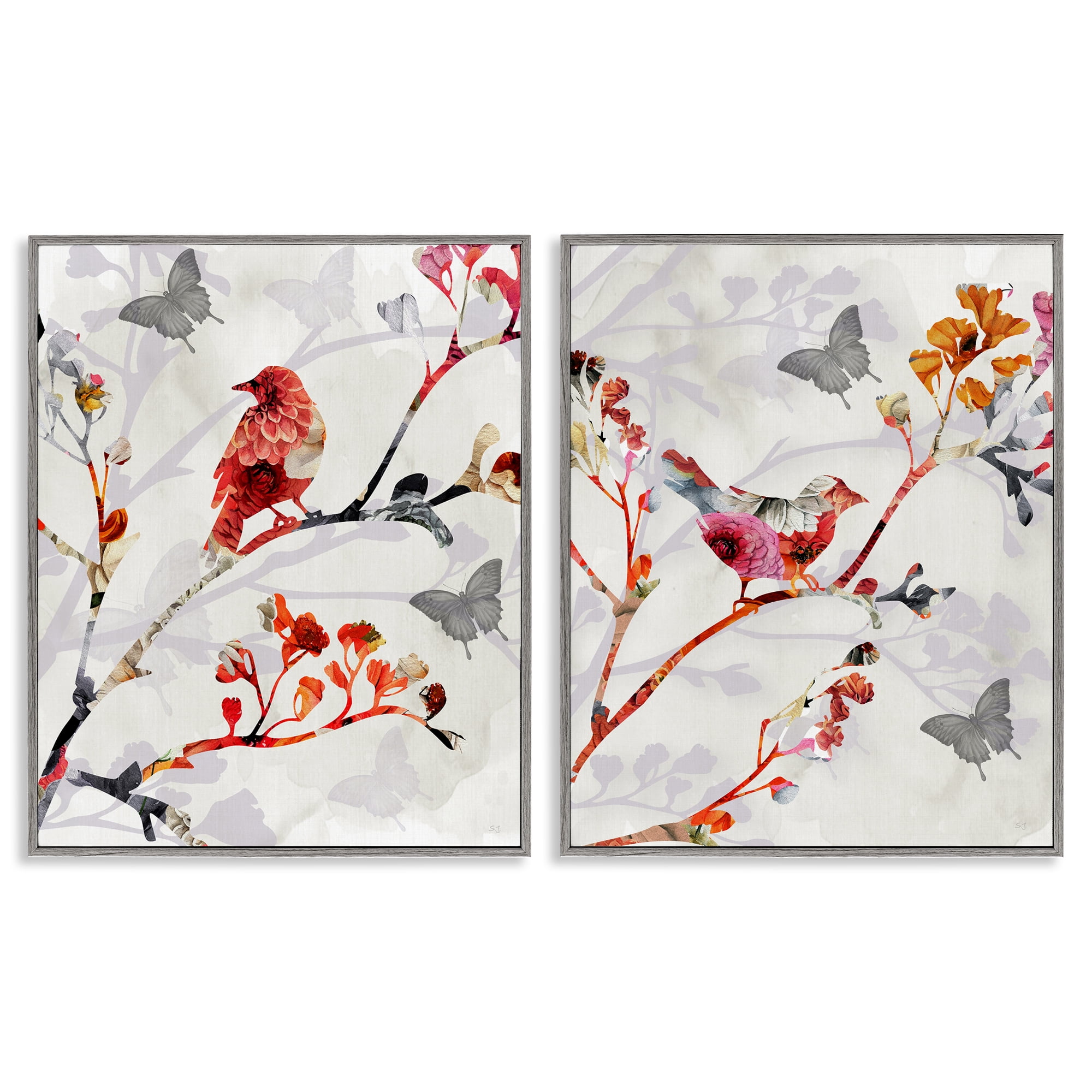 Stupell Industries Flower Birds on Branch Animals Painting Gray Framed Art Print Wall Art, 16 x 20, Set of 2