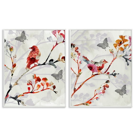 Stupell Industries Flower Birds on Branch Animals Painting White Framed Art Print Wall Art, 16 x 20, Set of 2