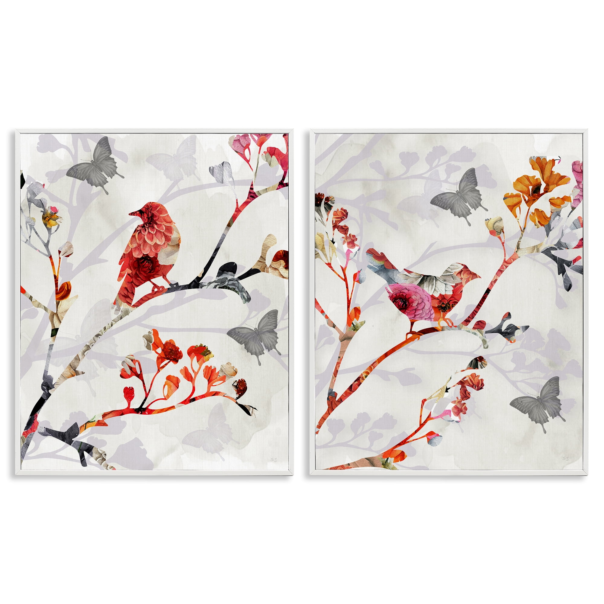 Stupell Industries Flower Birds on Branch Animals Painting White Framed Art Print Wall Art, 24 x 30, Set of 2