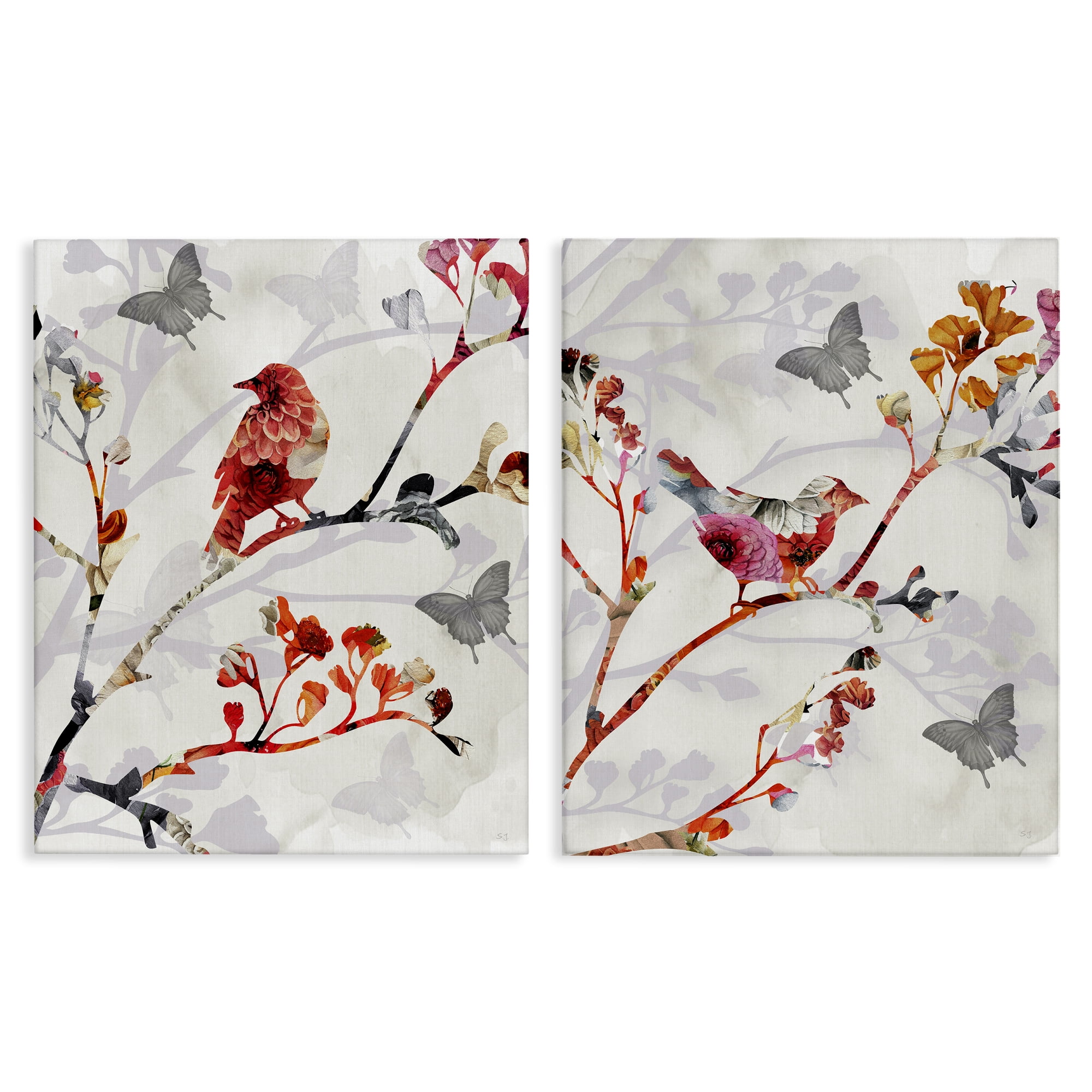 Stupell Industries Flower Birds on Branch Animals Painting Wrapped Canvas Art Print Wall Art, 16 x 20, Set of 2