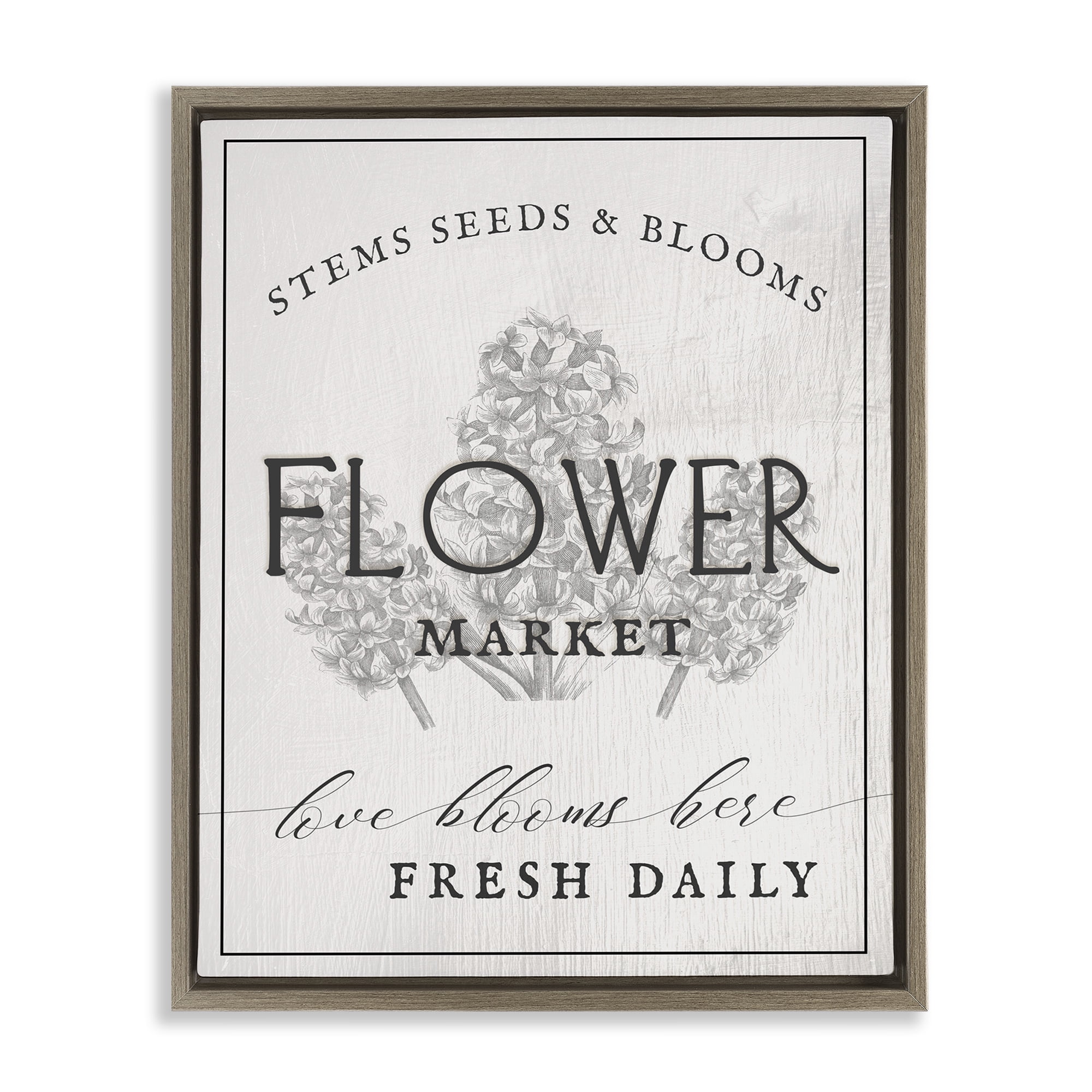 Stupell Industries Flower Blooms Market Typography Painting Brown Floater Framed Canvas Art Print Wall Art, 17 x 21