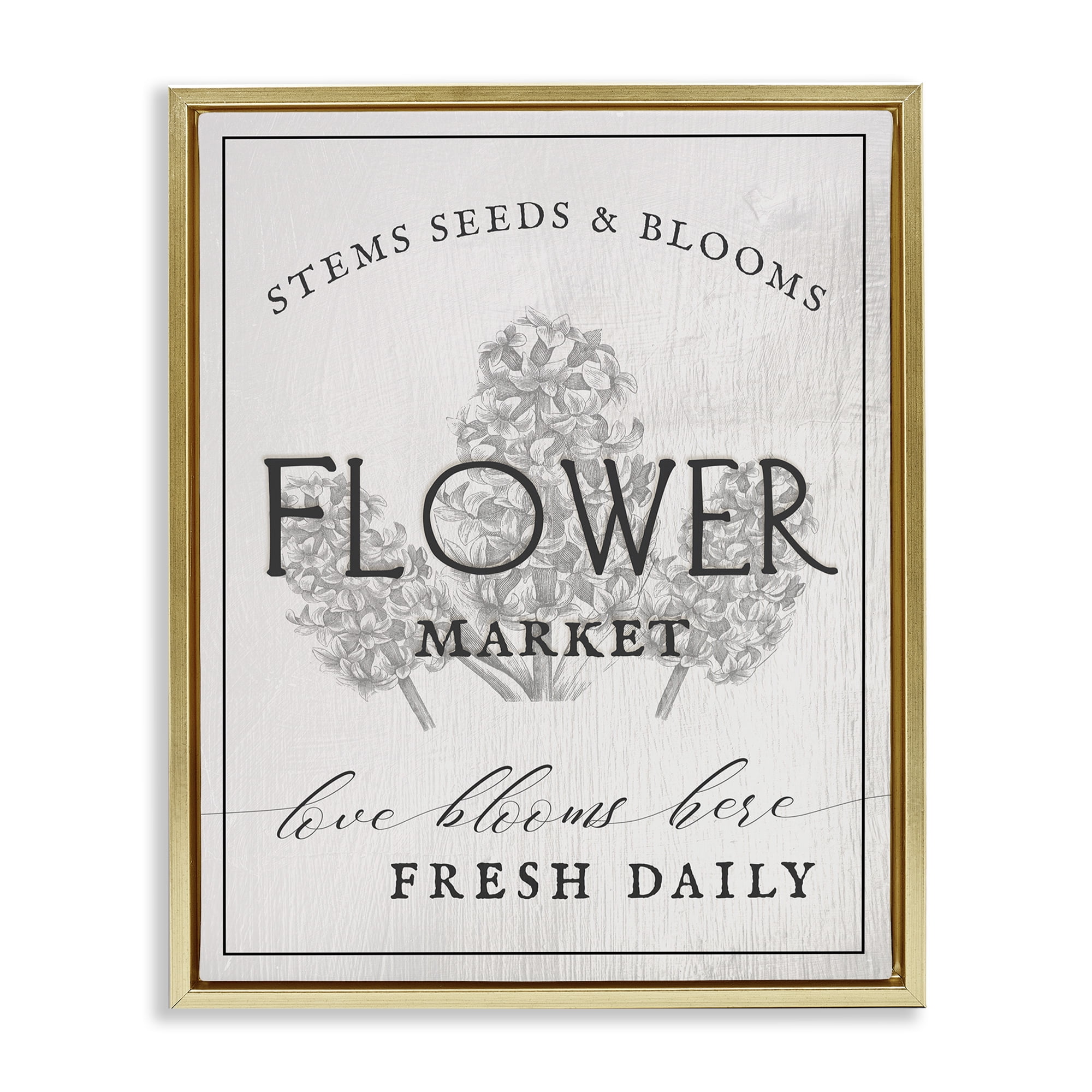 Stupell Industries Flower Blooms Market Typography Painting Gold Floater Framed Canvas Art Print Wall Art, 17 x 21