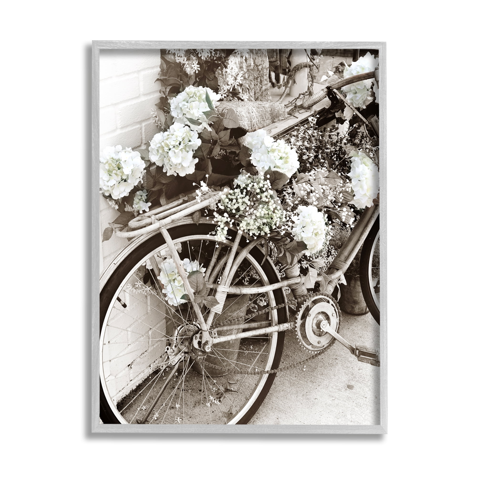 Stupell Industries Flower Blossom Covered Bicycle Vintage Neighborhood Photography Photograph Gray Framed Art Print Wall Art, Design by Acosta