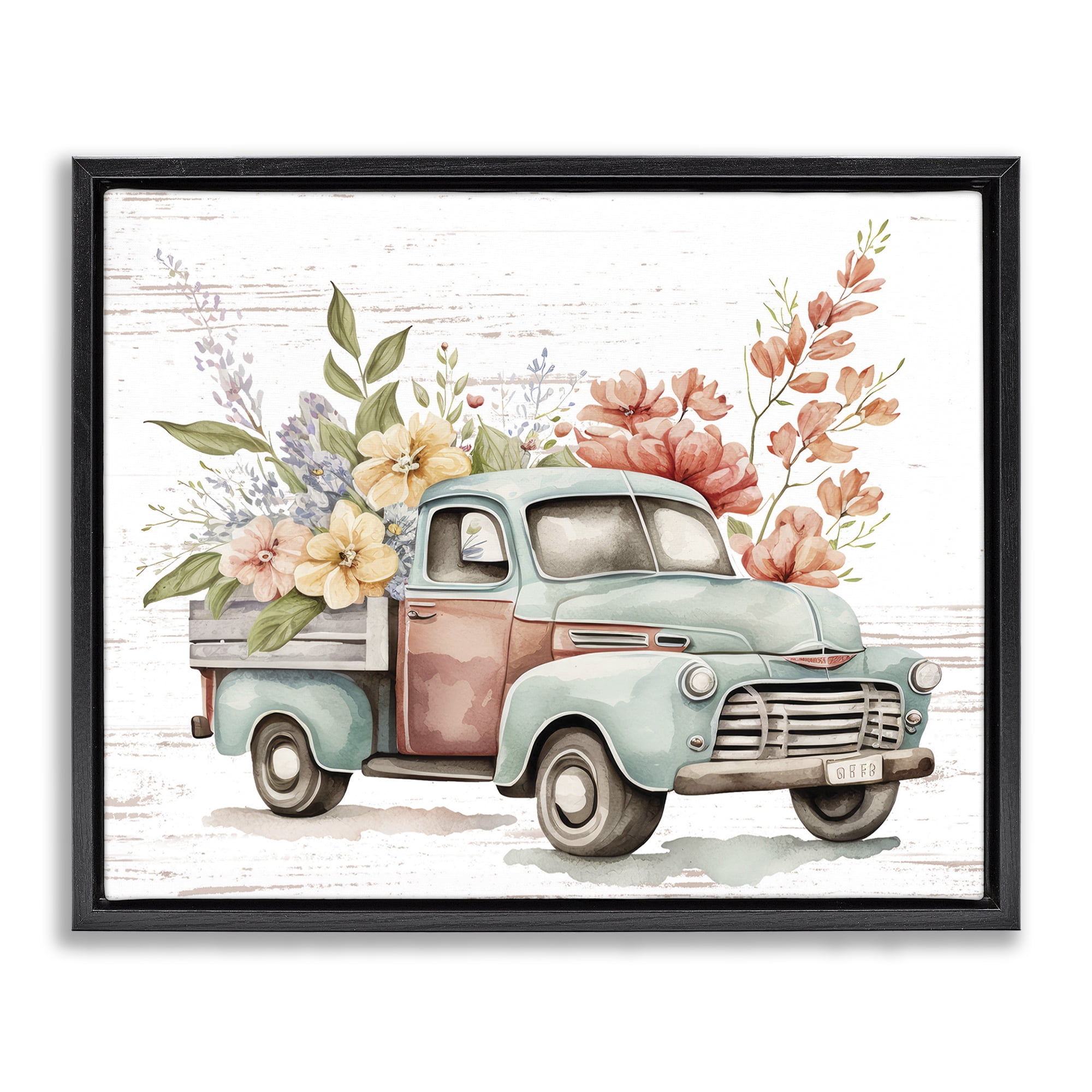 Stupell Industries Flower Blossom Truck Transportation Painting Black Floater Framed Canvas Art Print Wall Art, 31 x 25