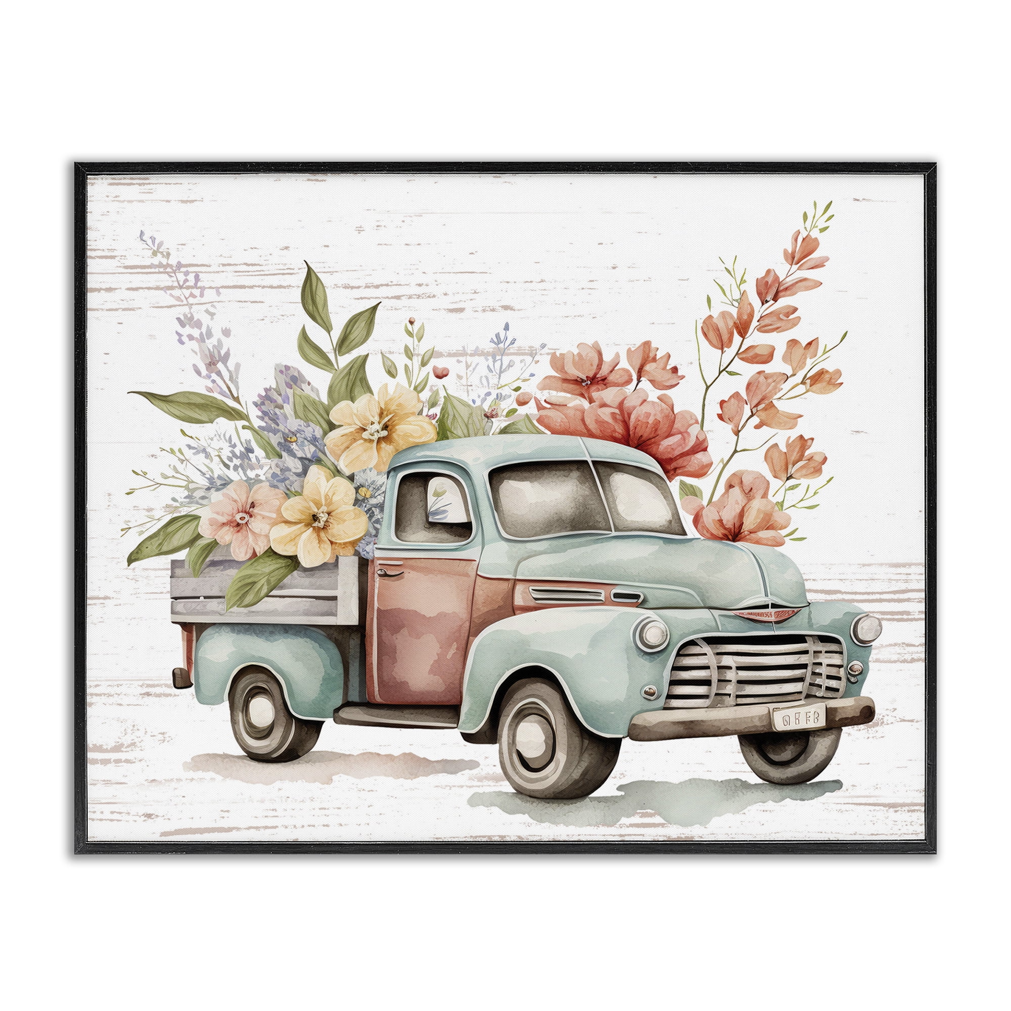 Stupell Industries Flower Blossom Truck Transportation Painting Black Framed Art Print Wall Art, 20 x 16