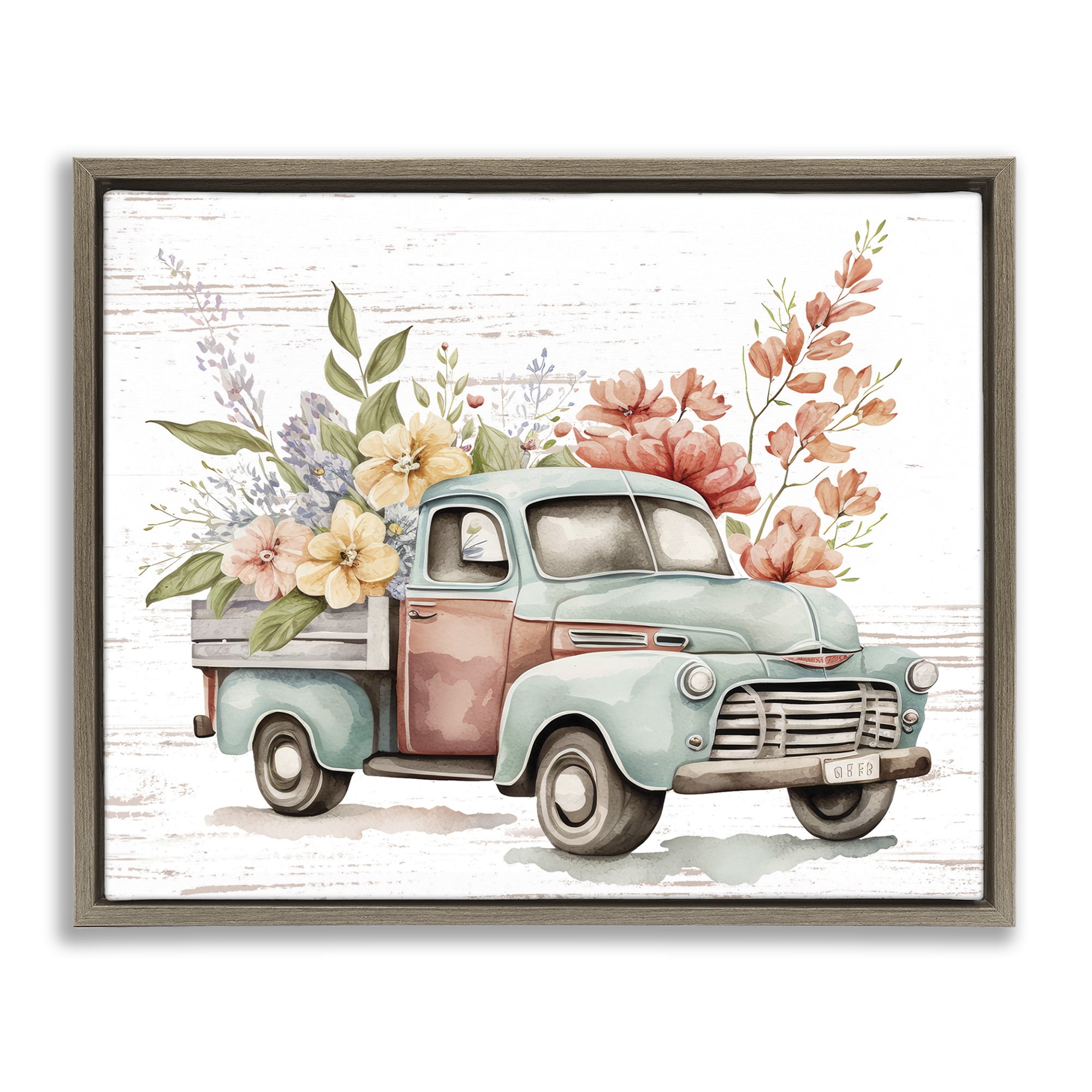 Stupell Industries Flower Blossom Truck Transportation Painting Brown Floater Framed Canvas Art Print Wall Art, 21 x 17