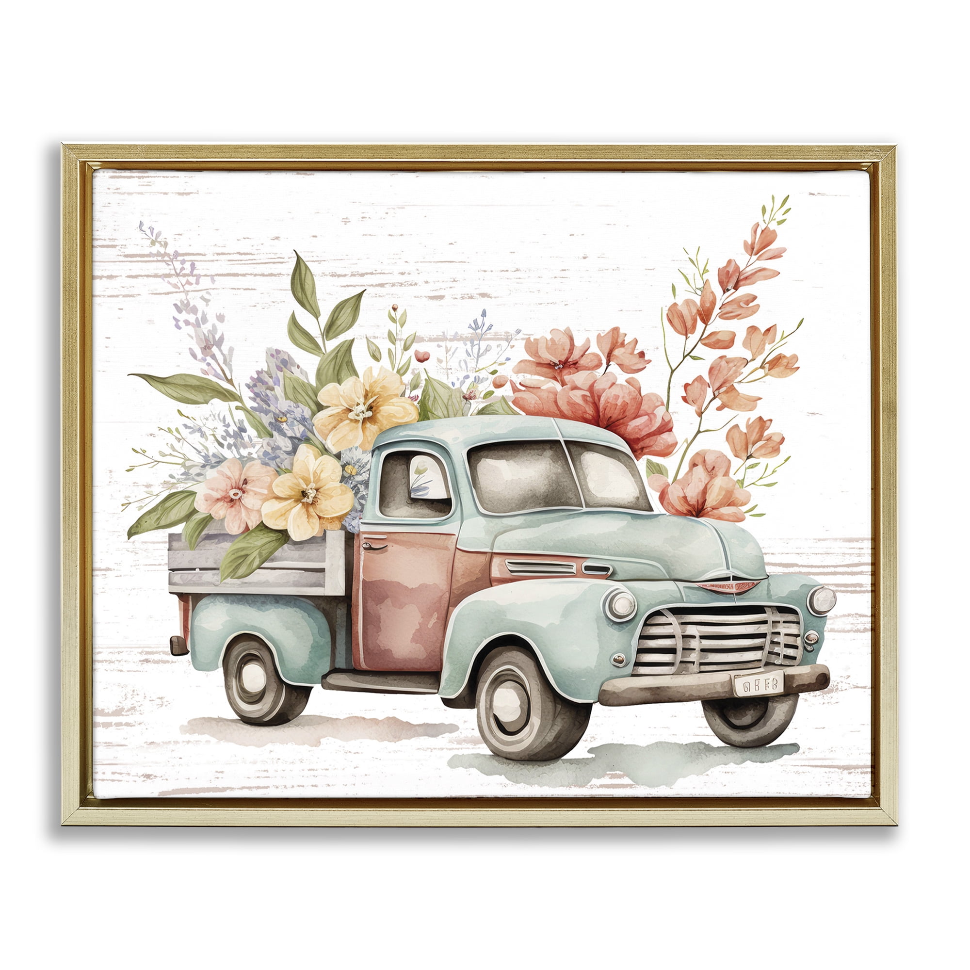 Stupell Industries Flower Blossom Truck Transportation Painting Gold Floater Framed Canvas Art Print Wall Art, 21 x 17