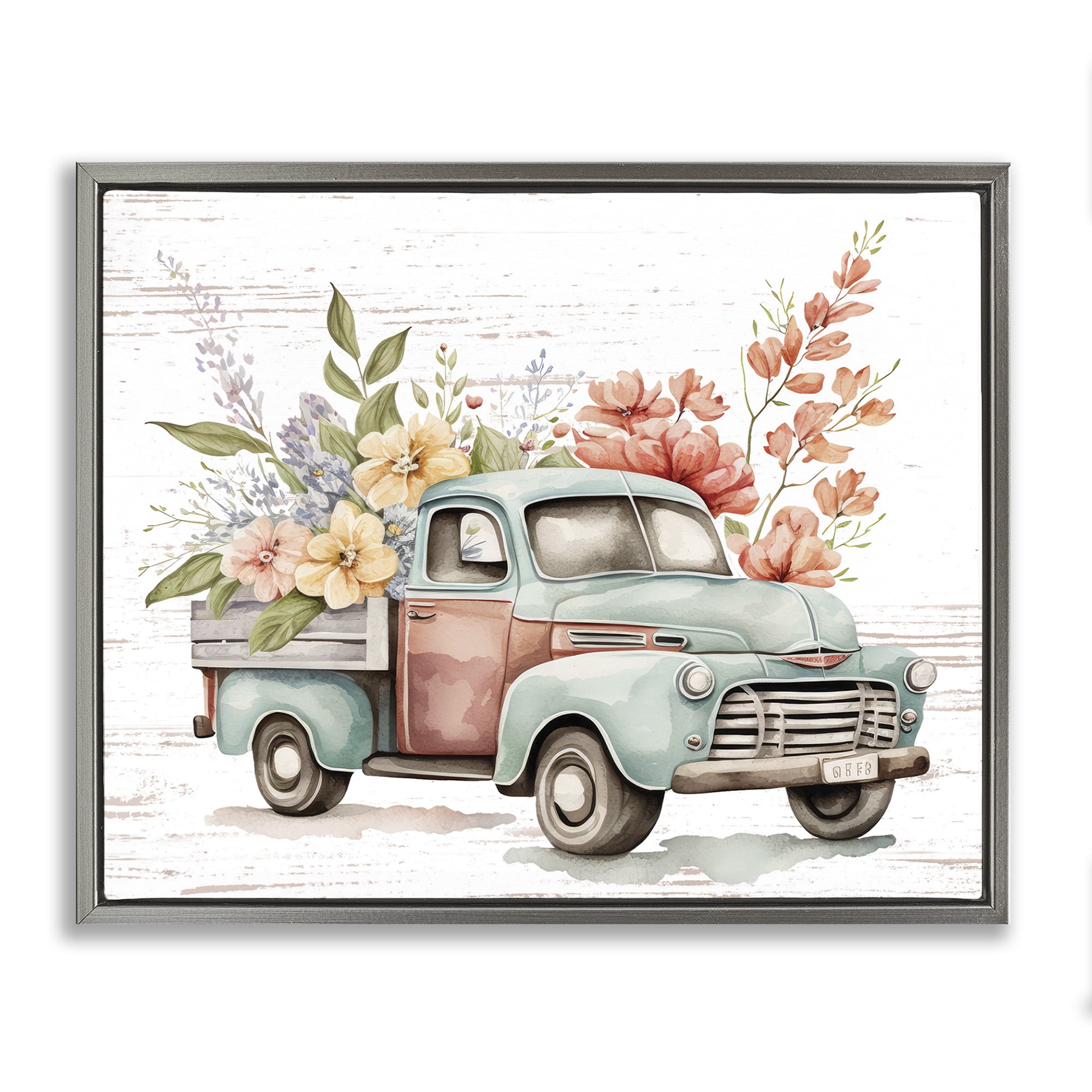 Stupell Industries Flower Blossom Truck Transportation Painting Gray Floater Framed Canvas Art Print Wall Art, 31 x 25