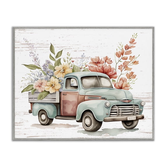Stupell Industries Flower Blossom Truck Transportation Painting Gray Framed Art Print Wall Art, 30 x 24