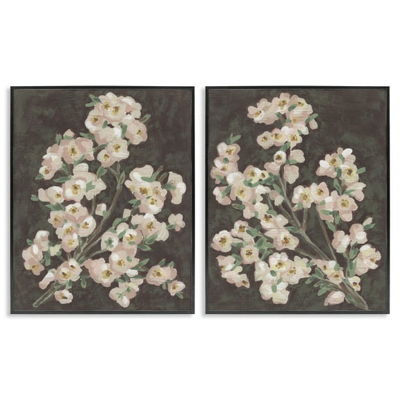 Stupell Industries Flower Branches on Burgundy Floral Painting Black Framed Art Print Wall Art, 11 x 14, Set of 2