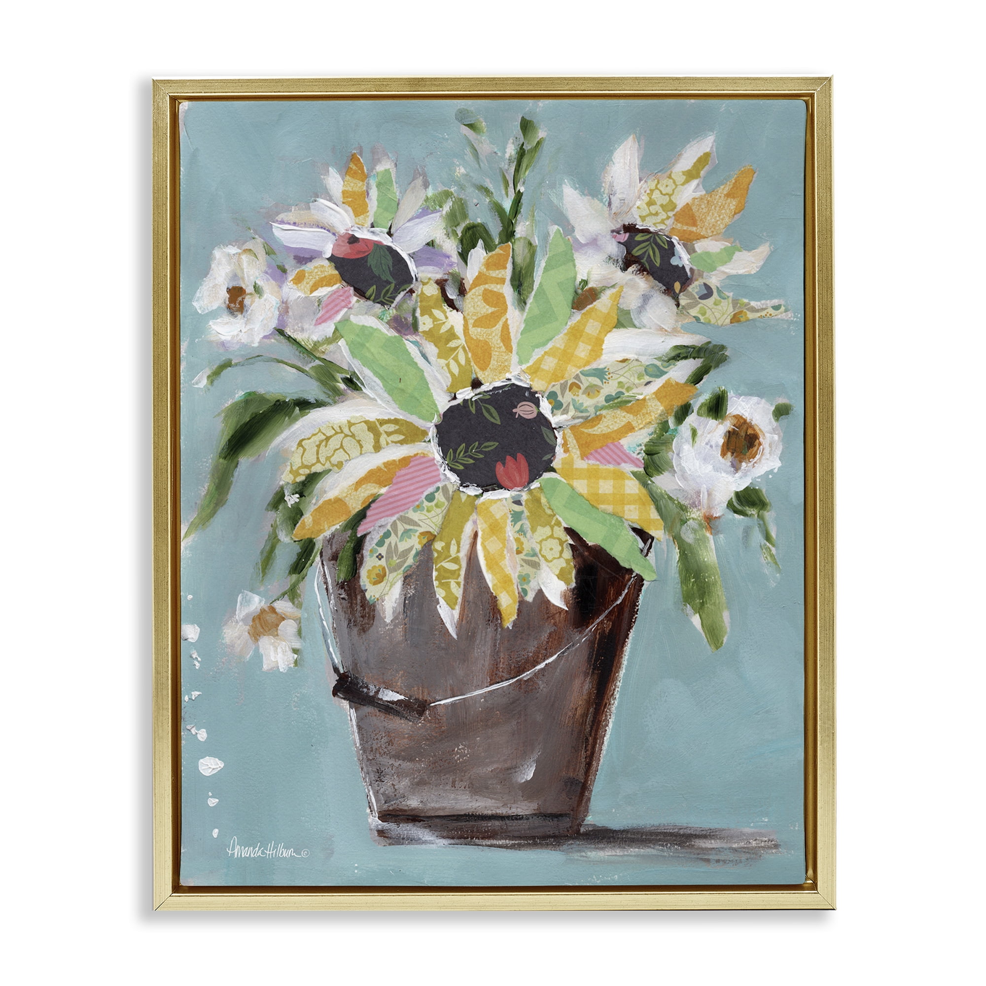 Stupell Industries Flower Bucket Bouquet Botanical & Floral Painting Gold Floater Framed Art Print Wall Art, 25 x 31