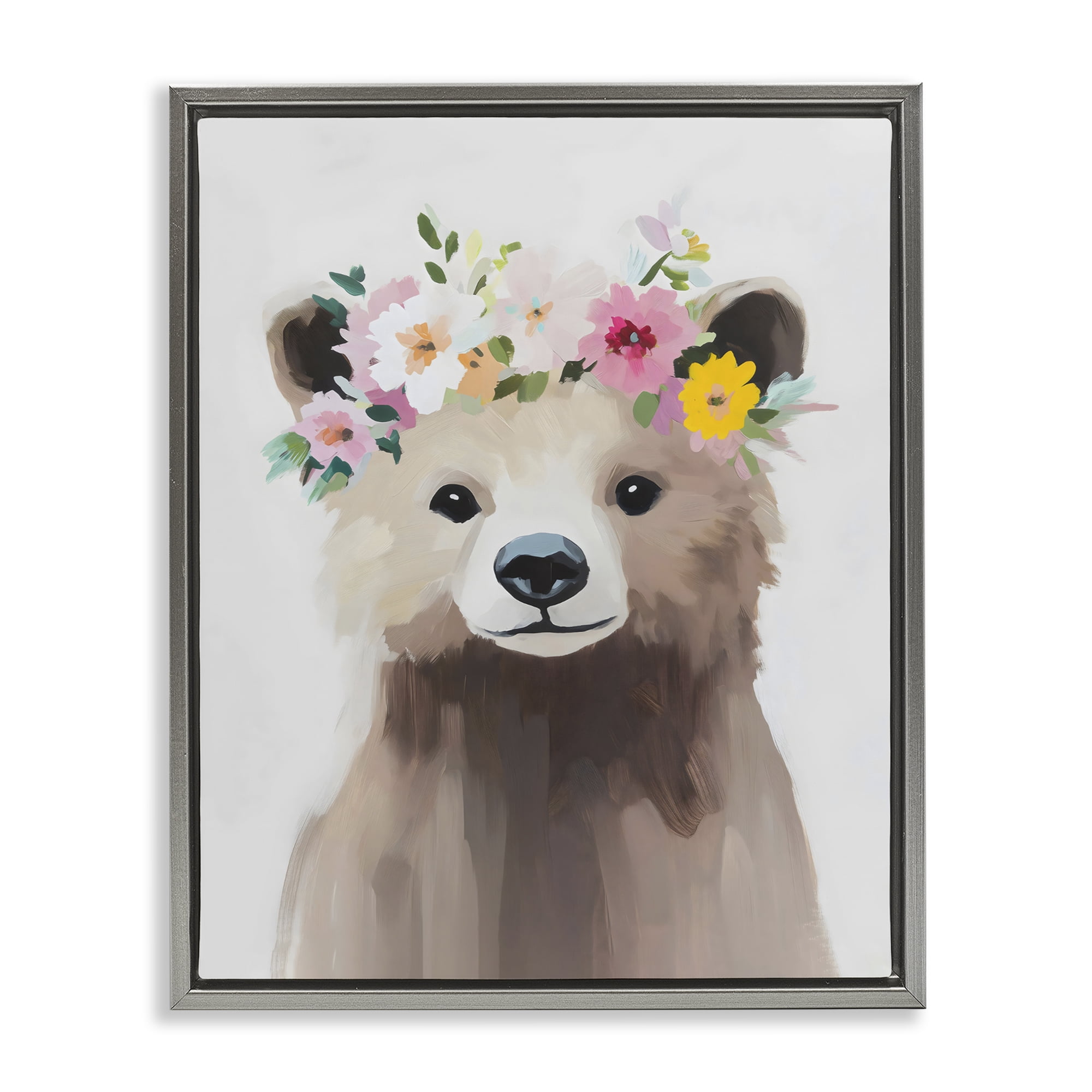 Stupell Industries Flower Crown Bear Gray Framed Floater Canvas Wall Art, design by The Prints Vibe